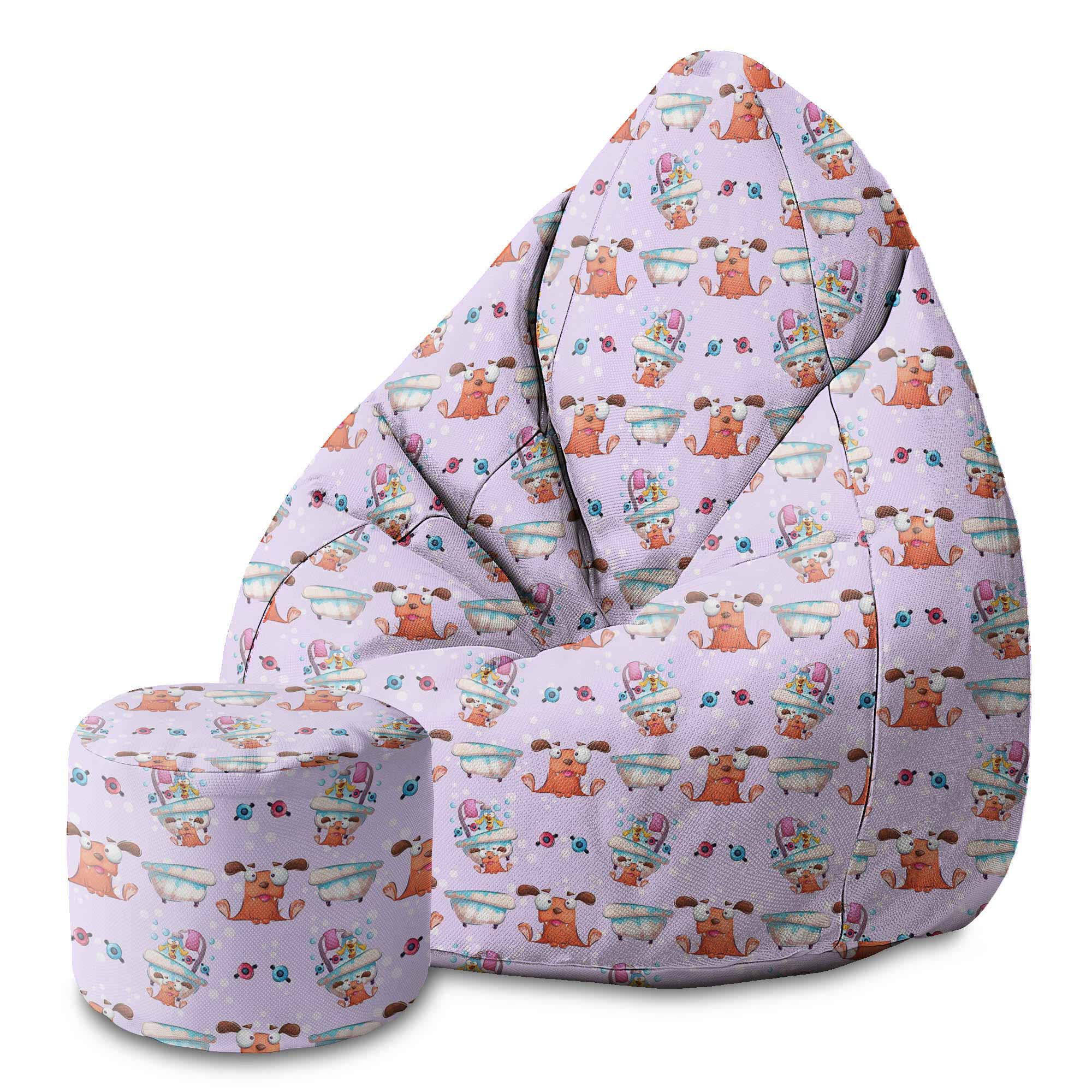 Round Pouf Footstool Funny Dog in the Bath