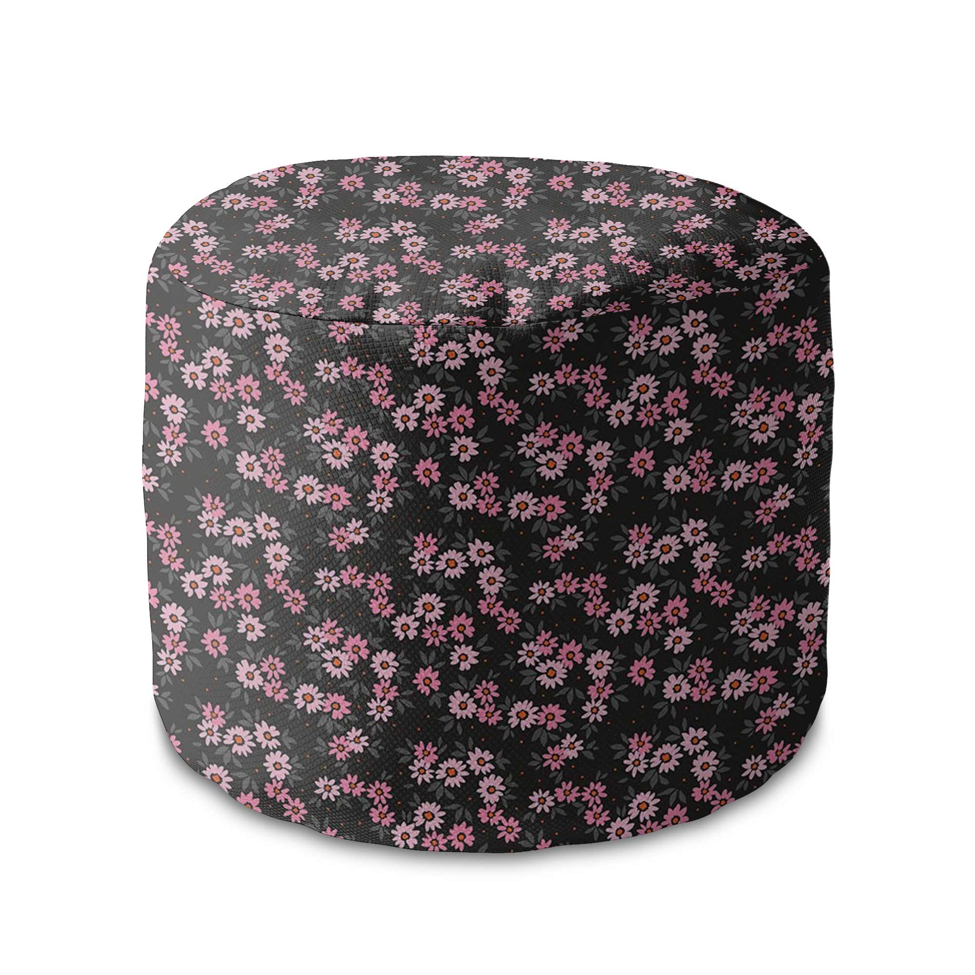 Round Pouf Footstool Pink Flowers Pattern