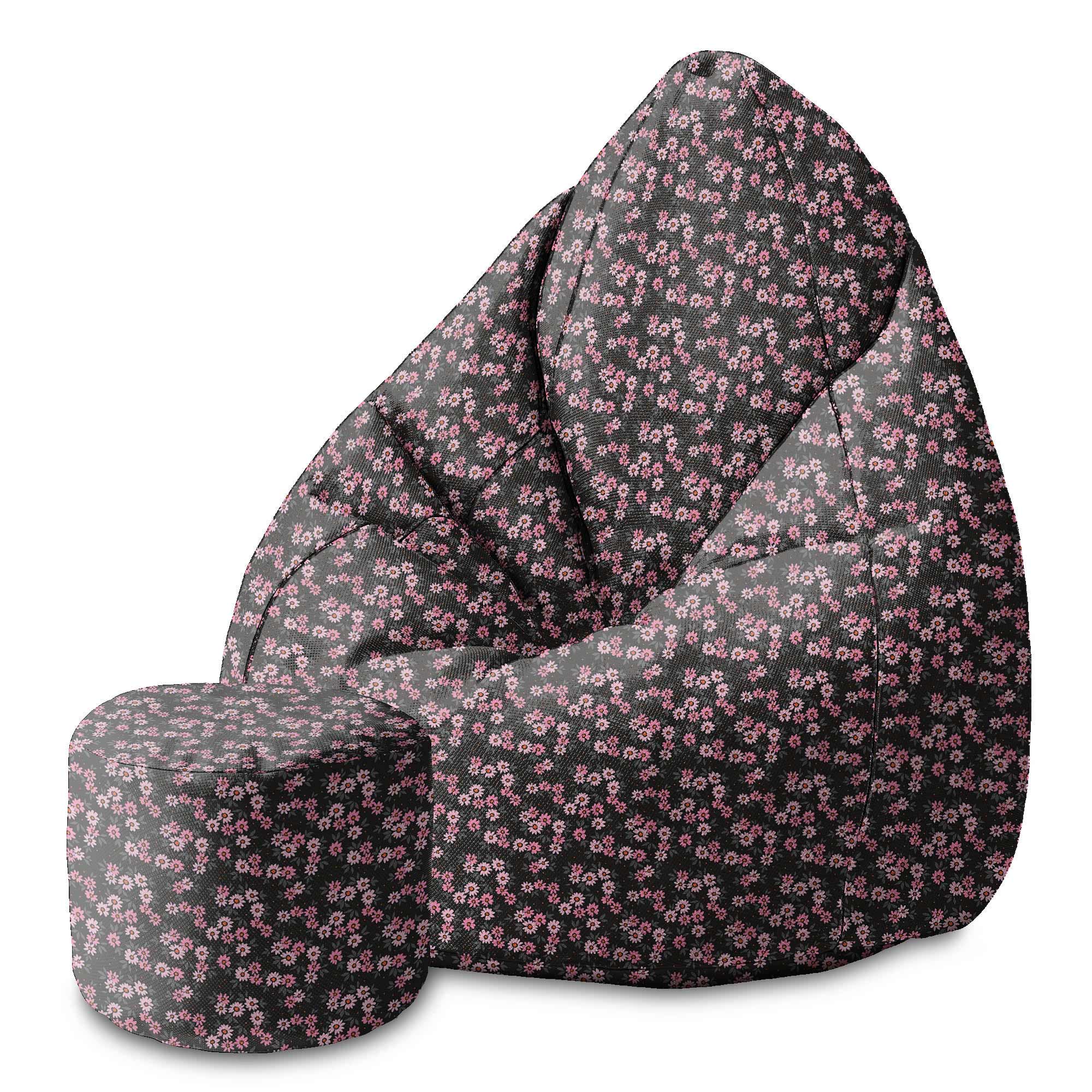 Round Pouf Footstool Pink Flowers Pattern