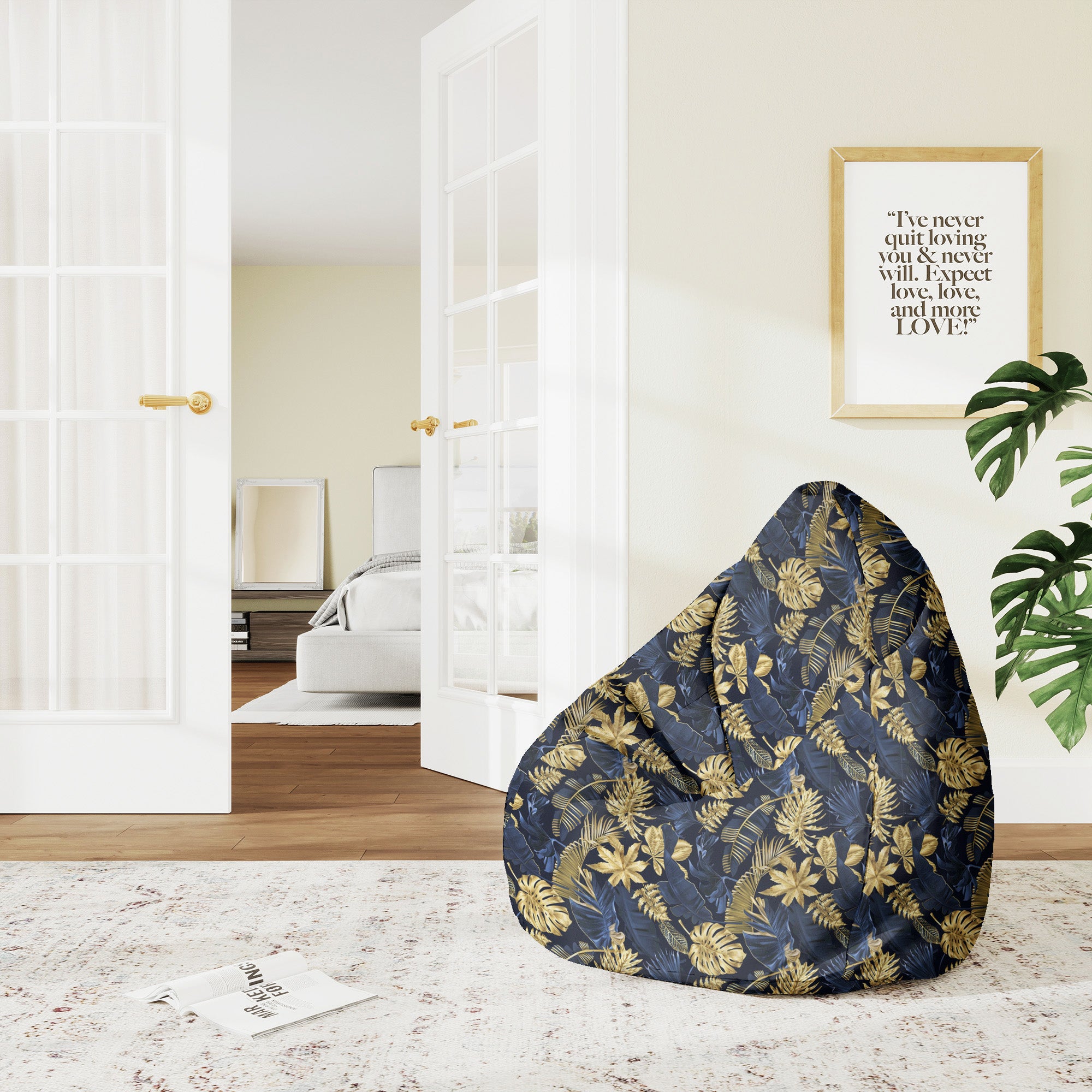 Puf Pearshape Monstera Gold Navy Blue-M-Velvet