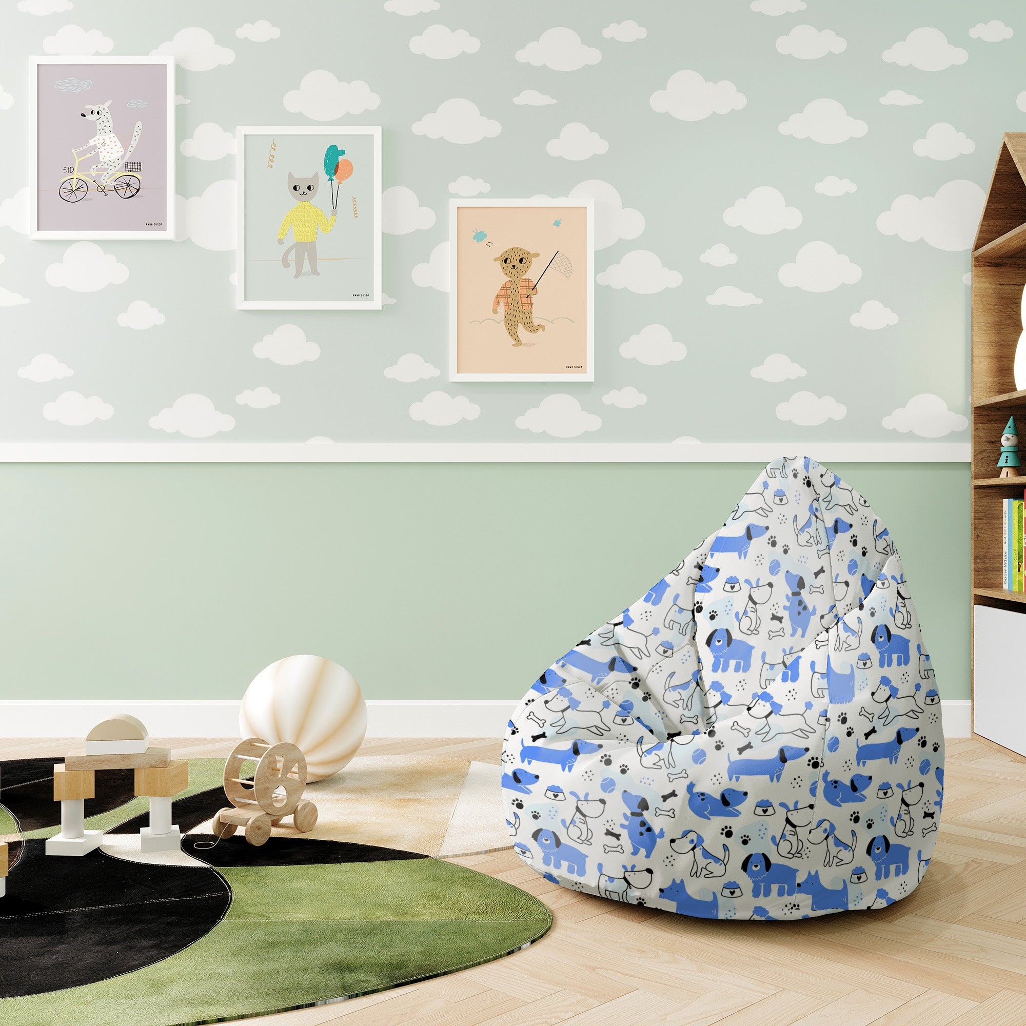 Puf Pearshape Blue Dogs