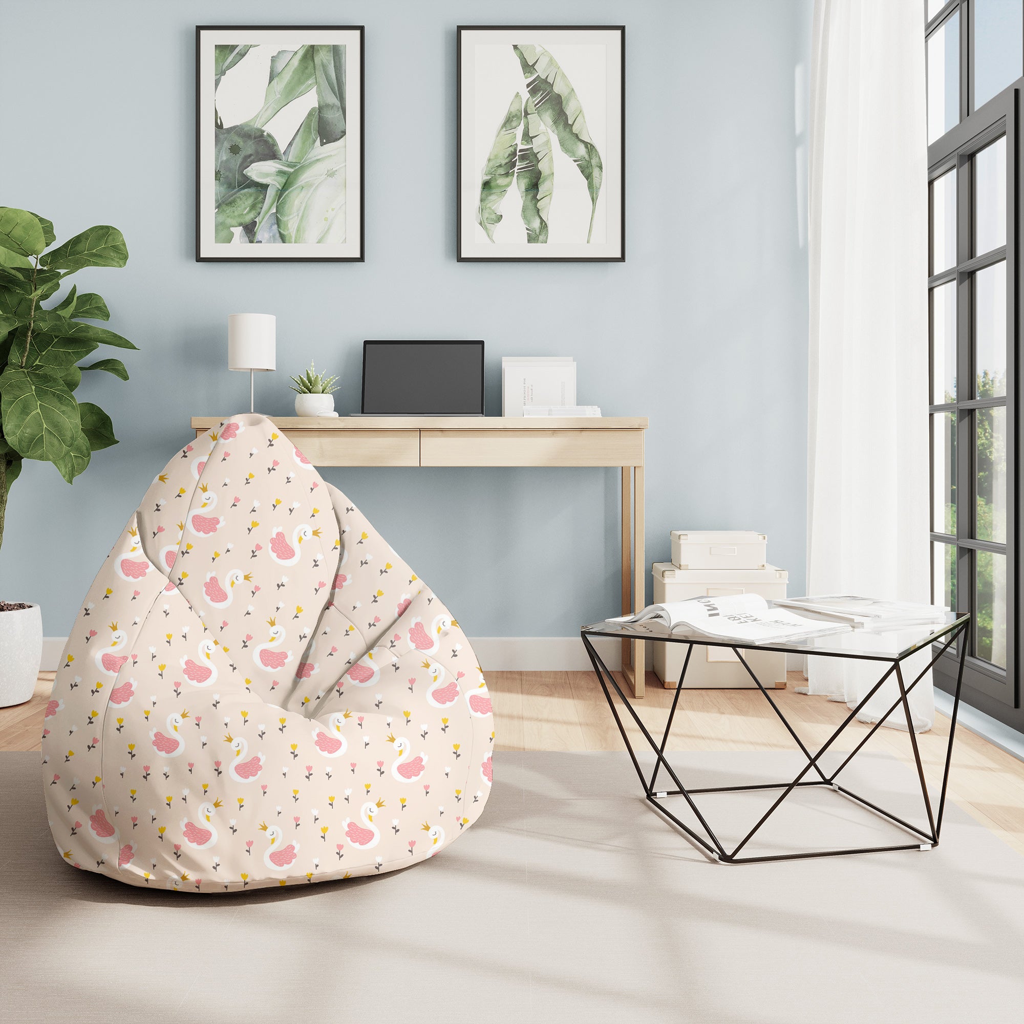 Puf Pearshape Swan with Tulips Flowers-M-Velvet