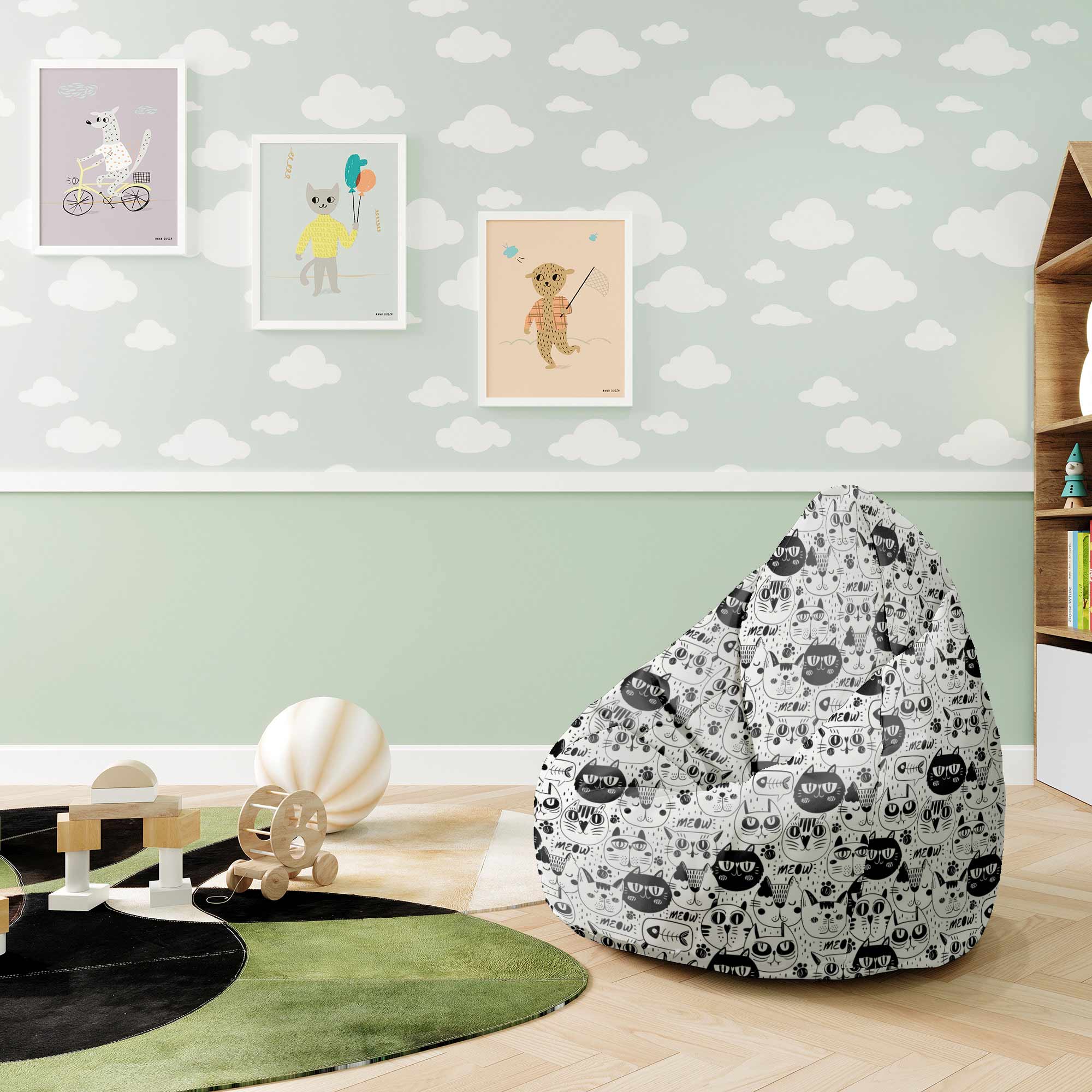 Puf Pearshape Black and White Cats-S-Velvet