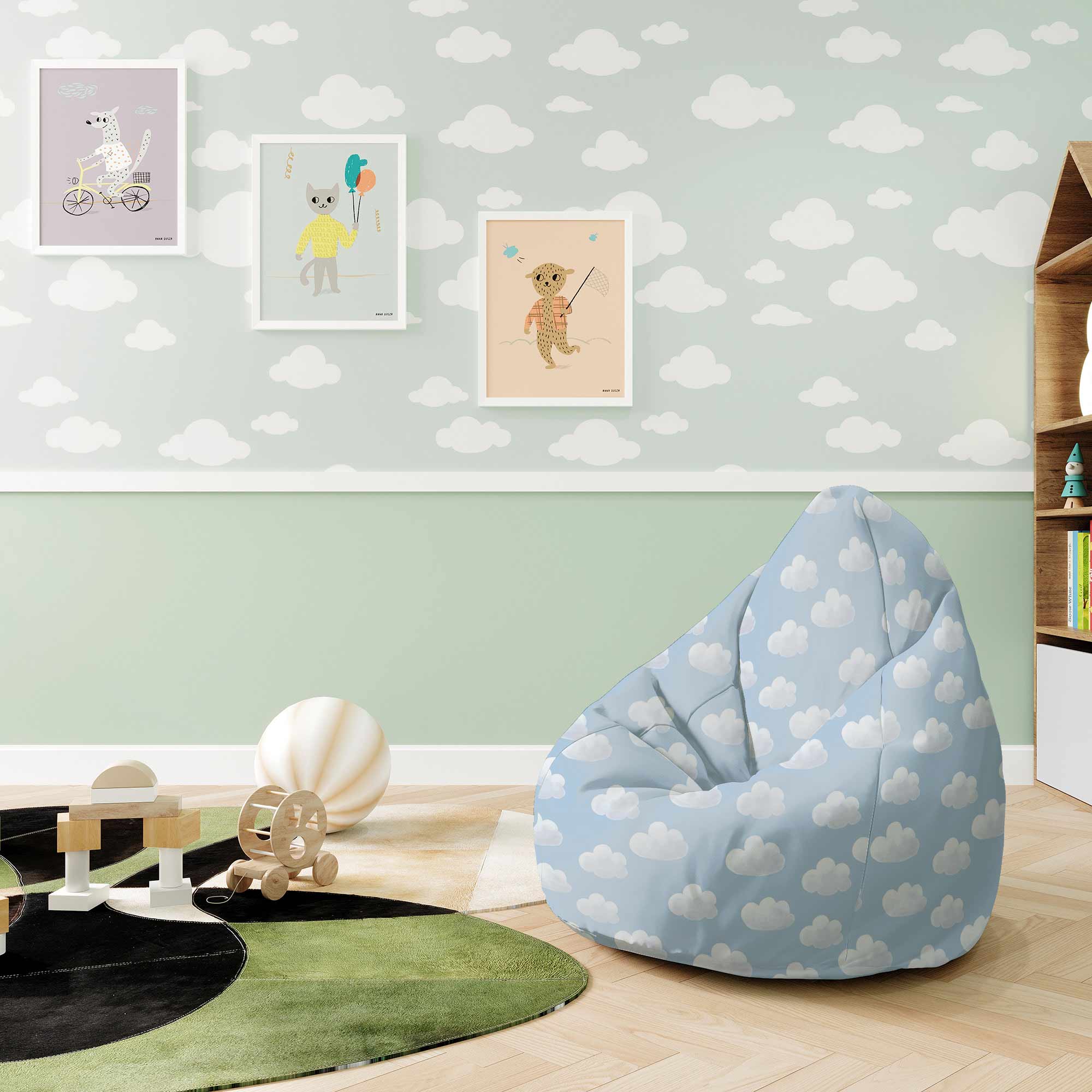 Pearshape Blue Clouds-S Velvet Pouf