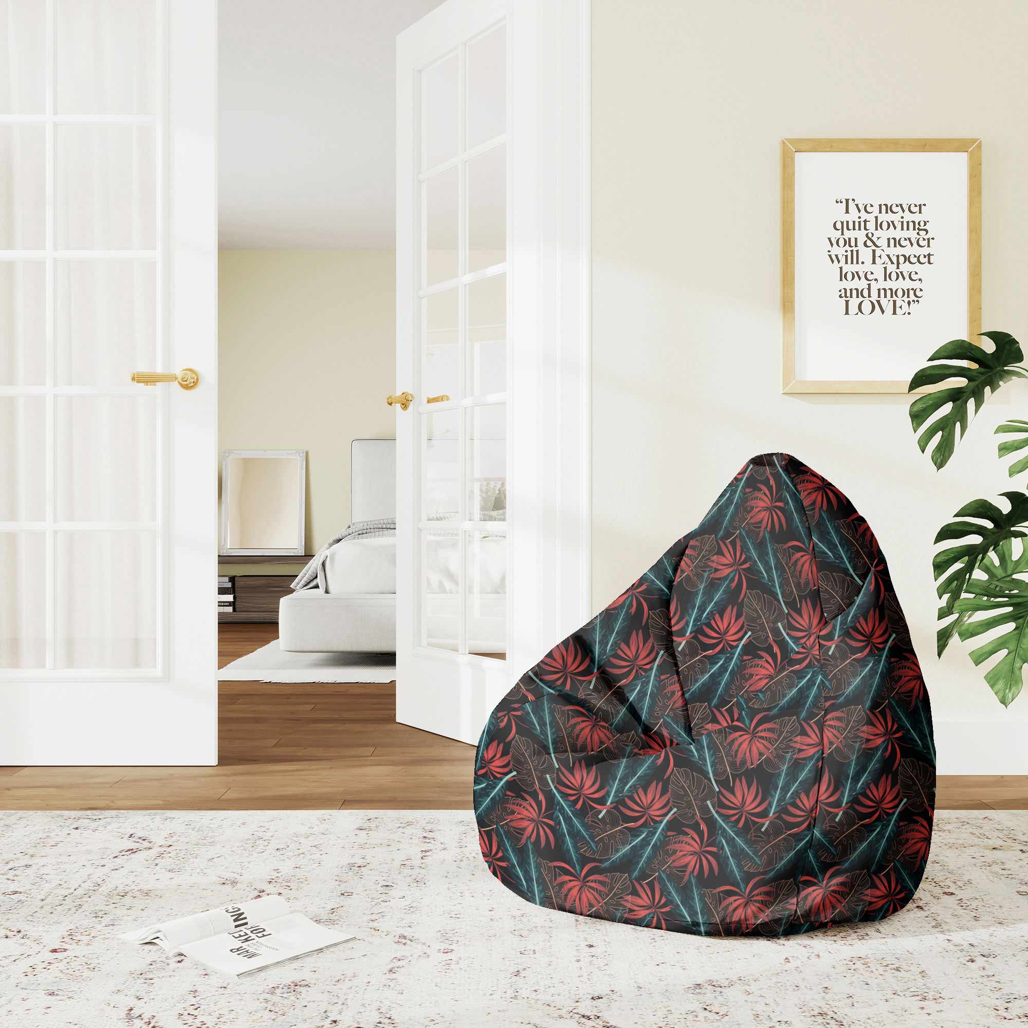 Pearshape Pouf Exotic Leaves on Dark-M-Velvet