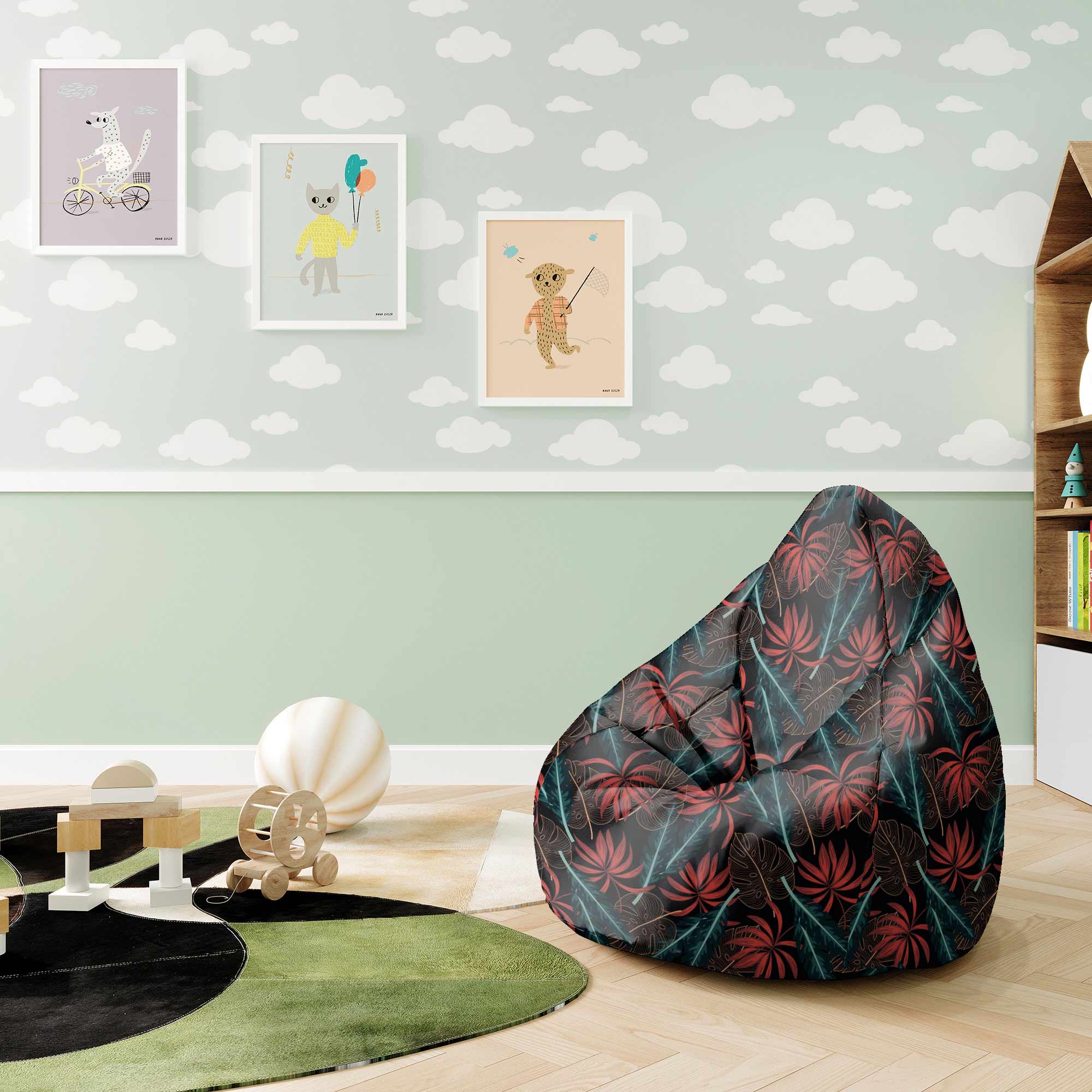 Puf Pearshape Exotic Leaves on Dark-S-Oxford