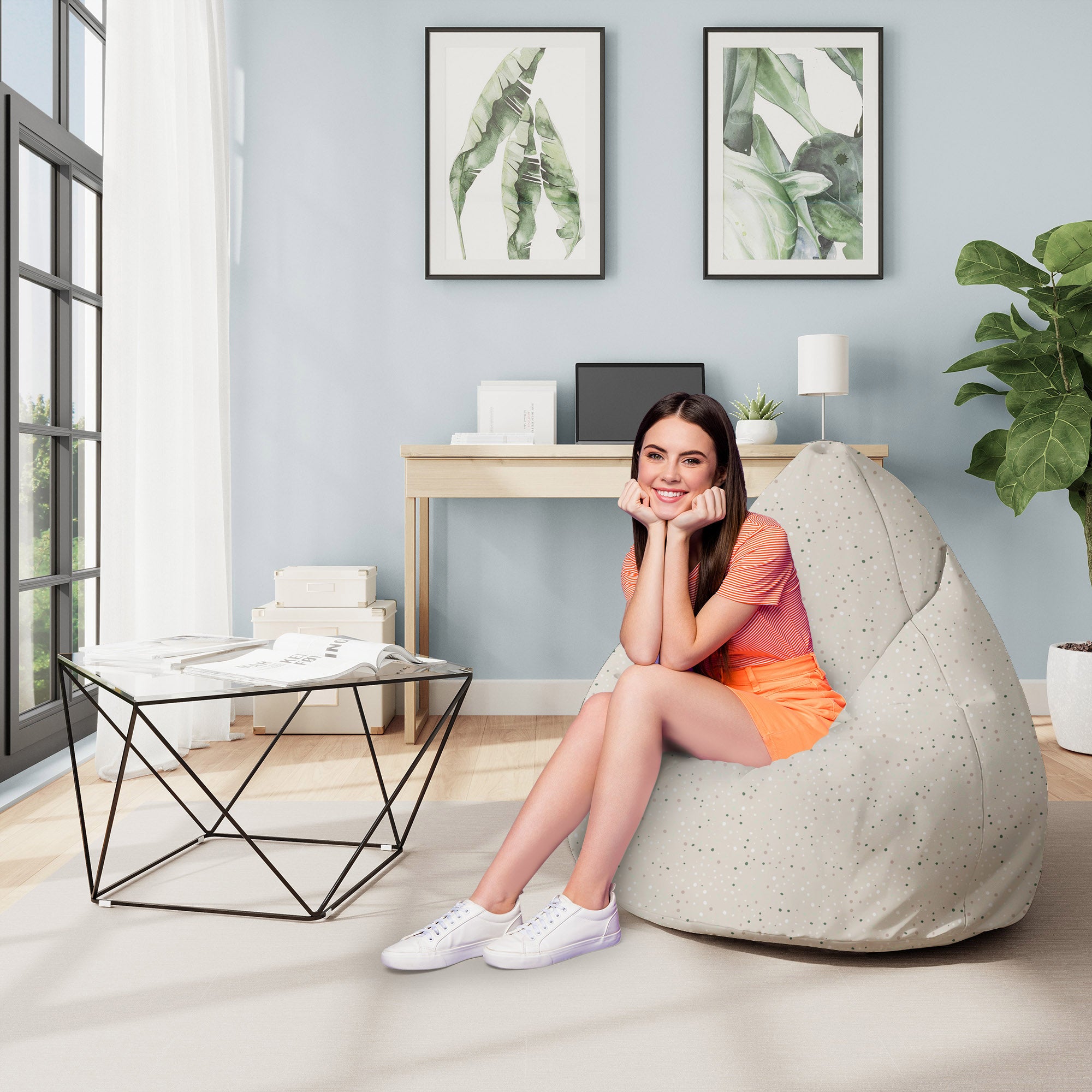 Pearshape Pouf Beige Print with Dots-M-Velvet