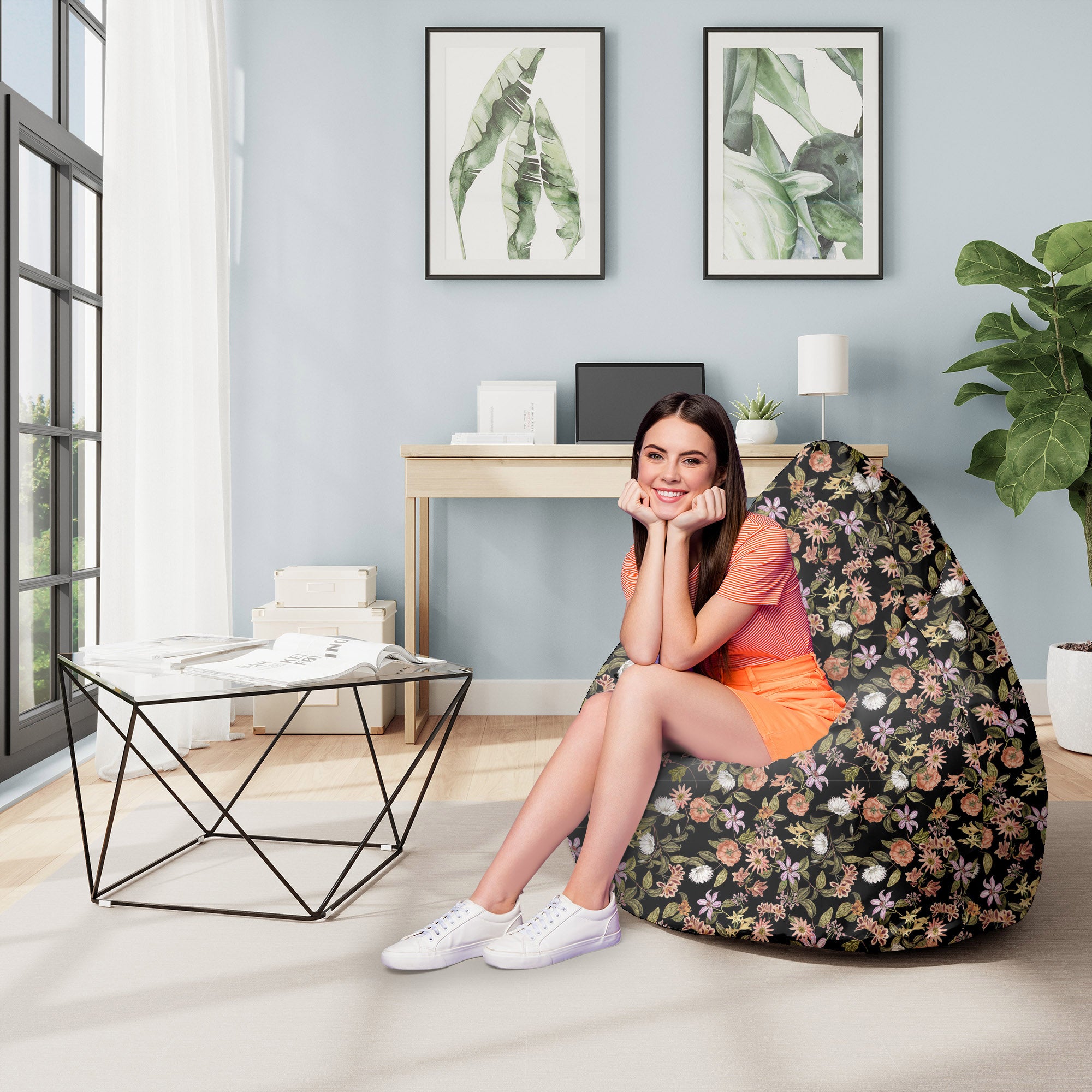 Pearshape Dark Jungle Pattern Pouf-M-Oxford