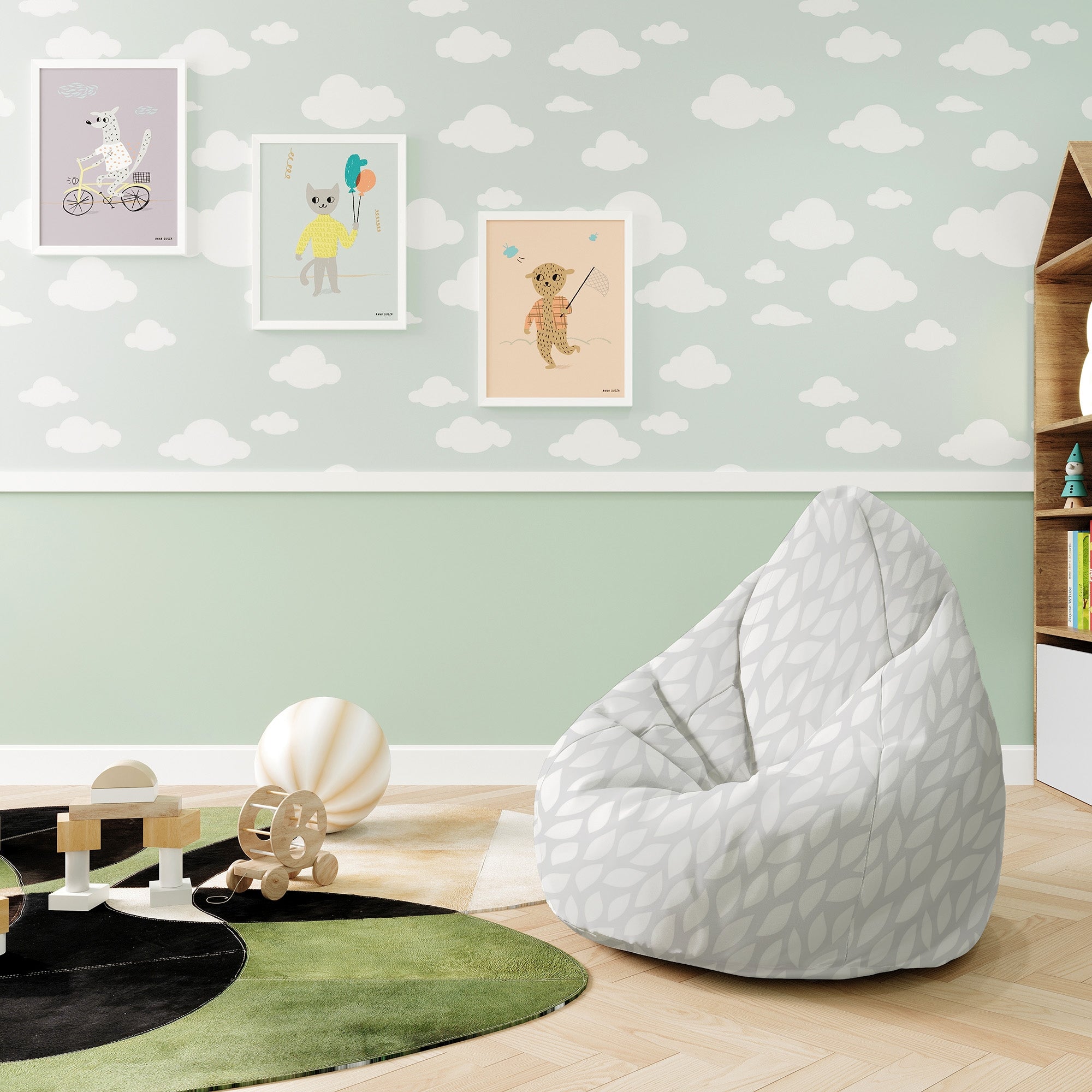 Puf Pearshape Gray Abstract Leaves-S-Oxford