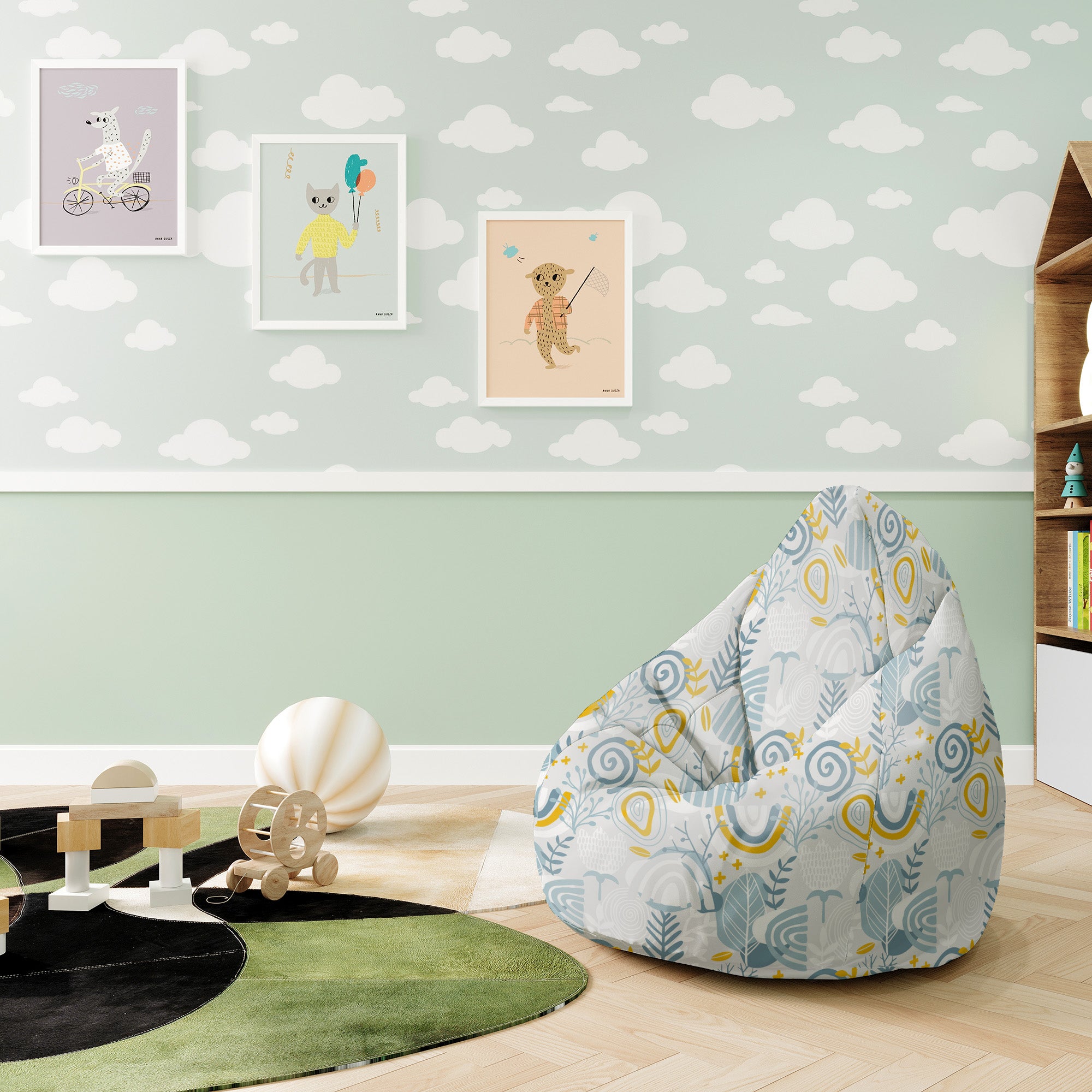 Puf Pearshape Grey Floral Pattern-S-Oxford