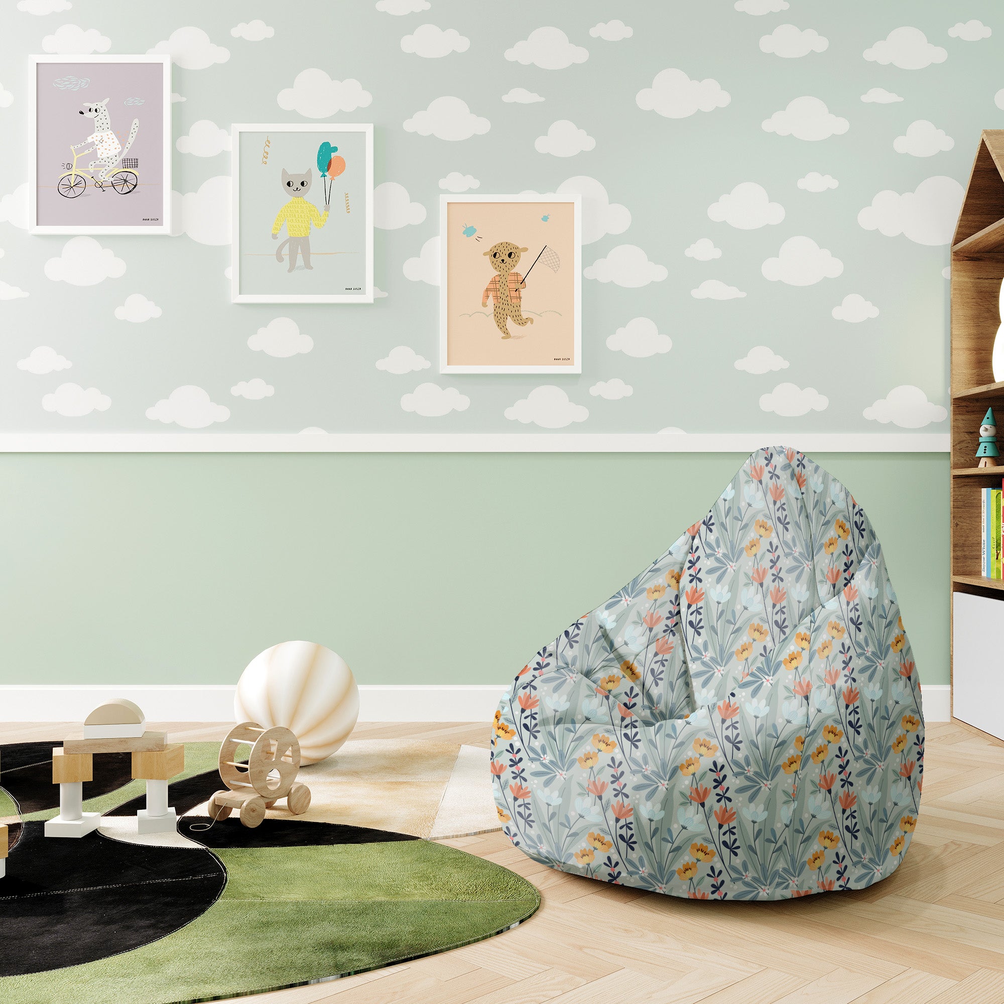 Pearshape Pouf Hand-drawn Flowers-S-Oxford