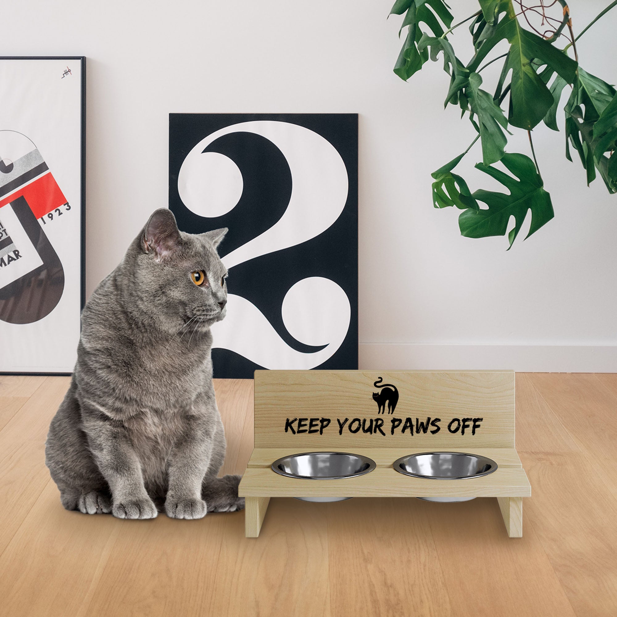 Cat Bowl Stand Keep your Paws off-L