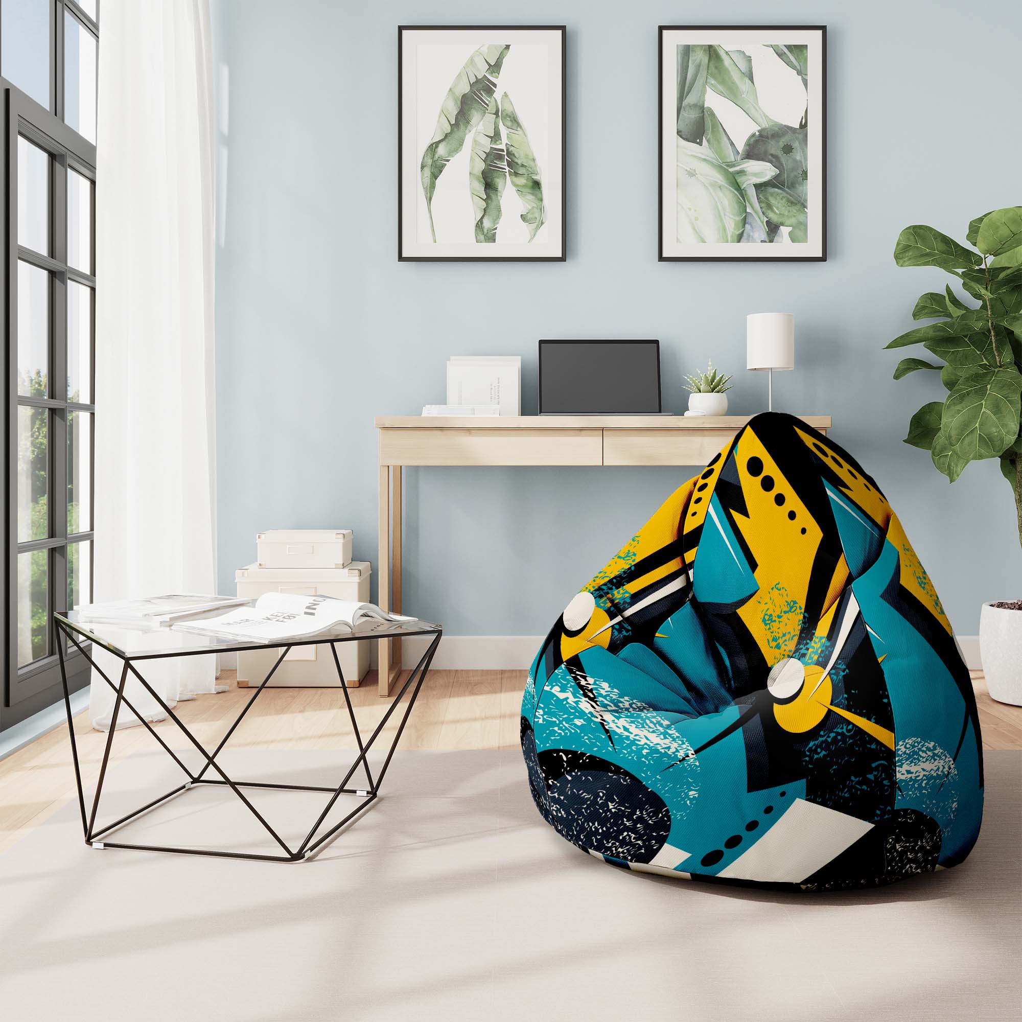Pearshape Pouf with Footrest Abstract Yellow-Velvet