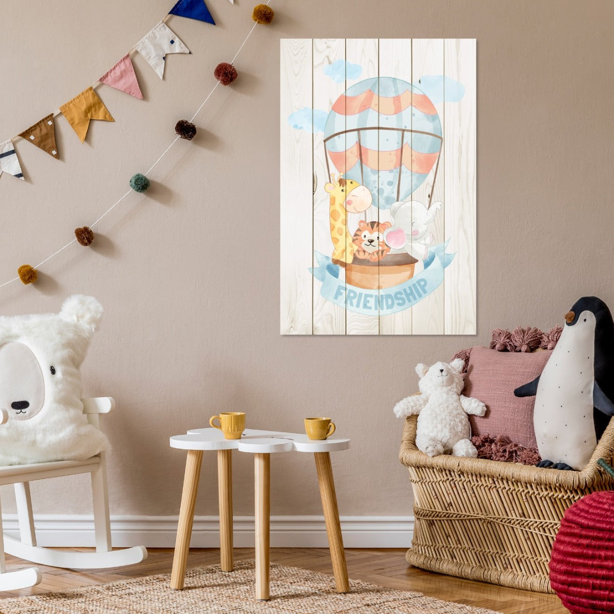 Wood Picture Animal Friends in Balloon-60x90 cm
