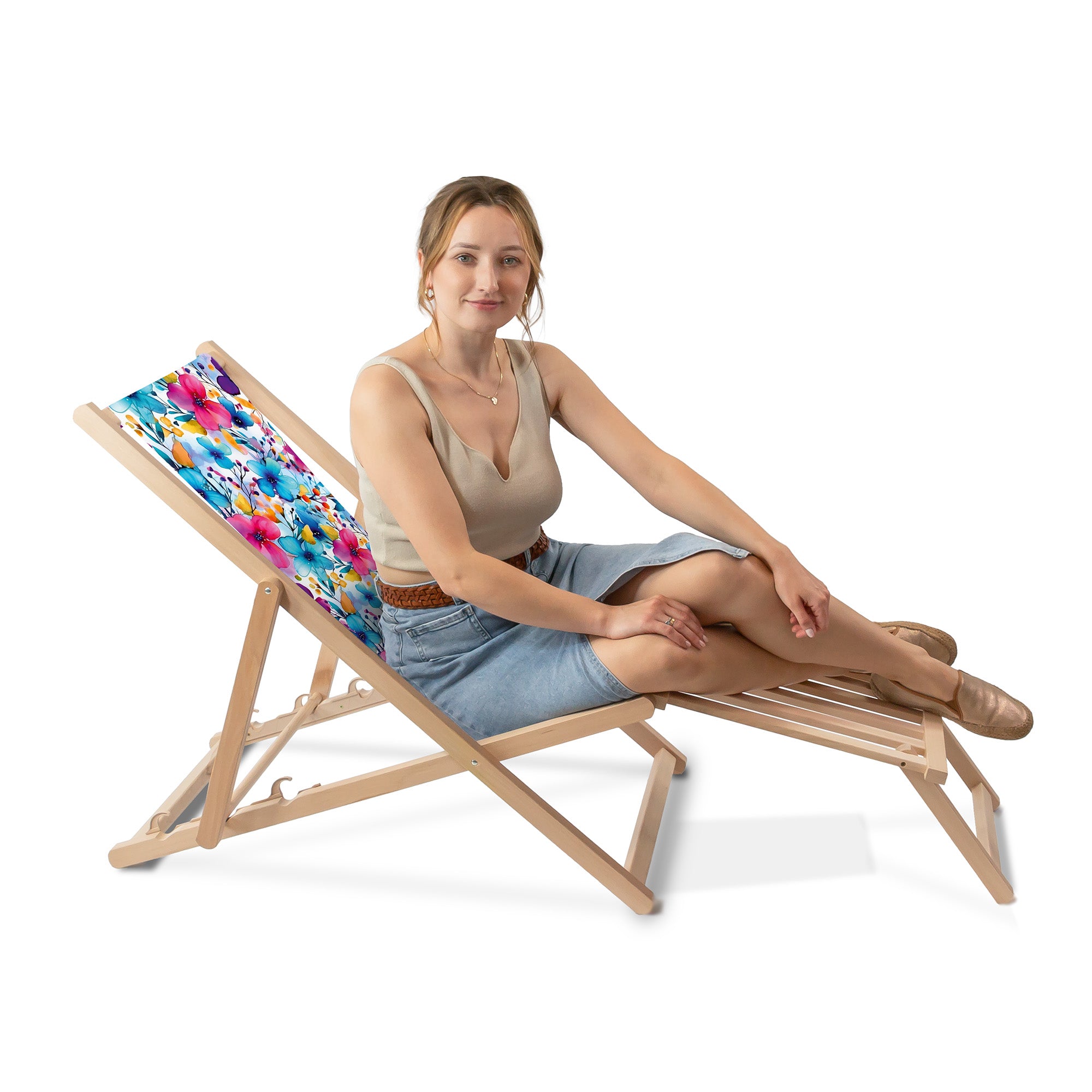 Leżak drewniany z podnóżkiem drewnianym Big Flowers