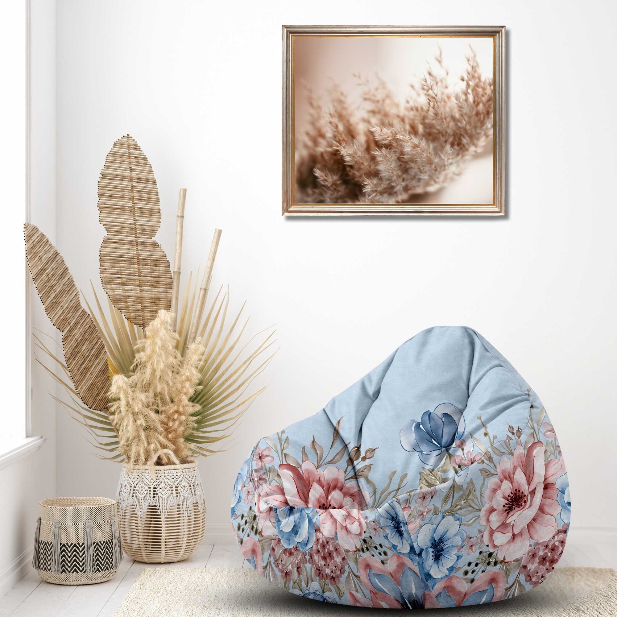 Puf Paradise Blue and Pink Roses-Velvet