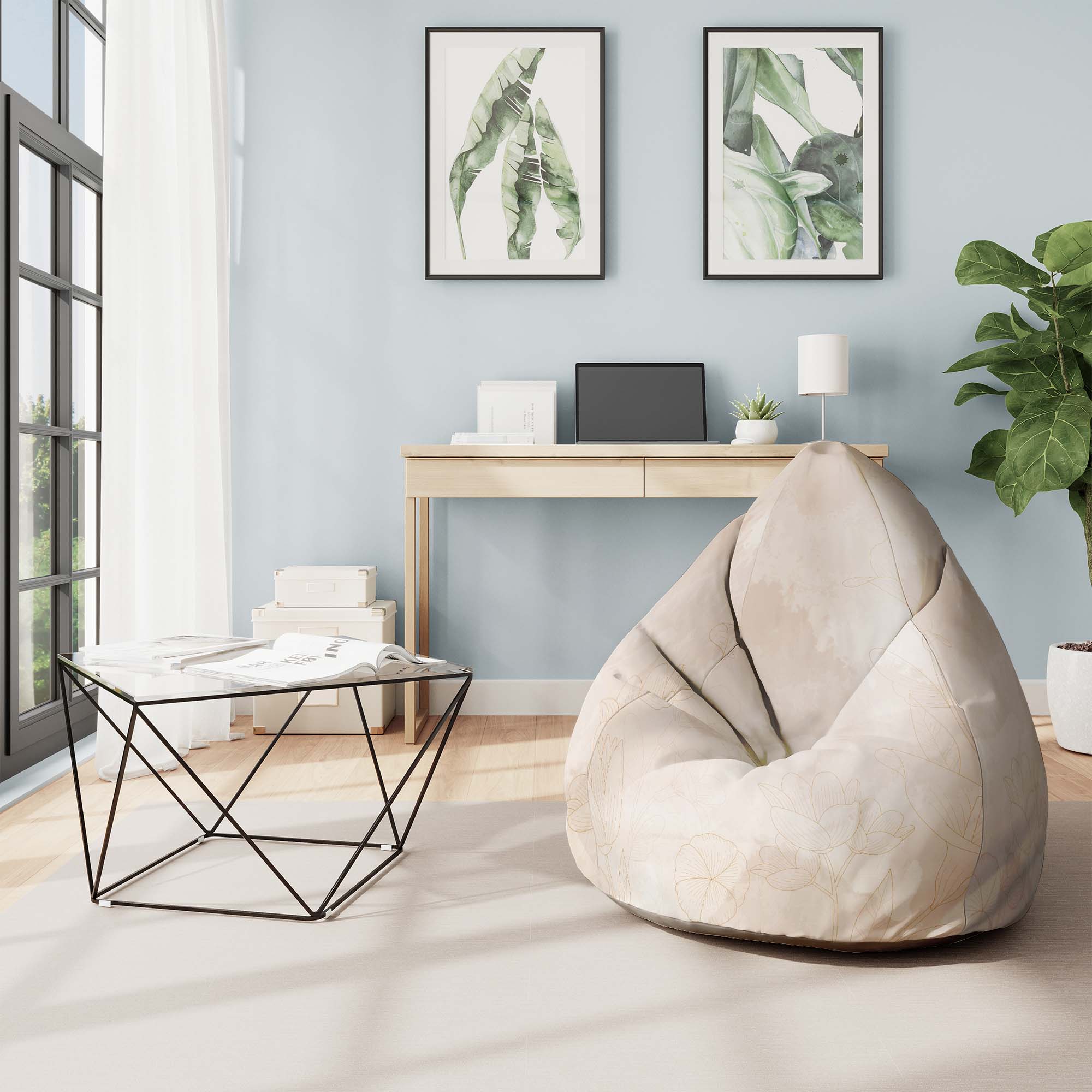 Pearshape Pouf Beige Flowers-Velvet