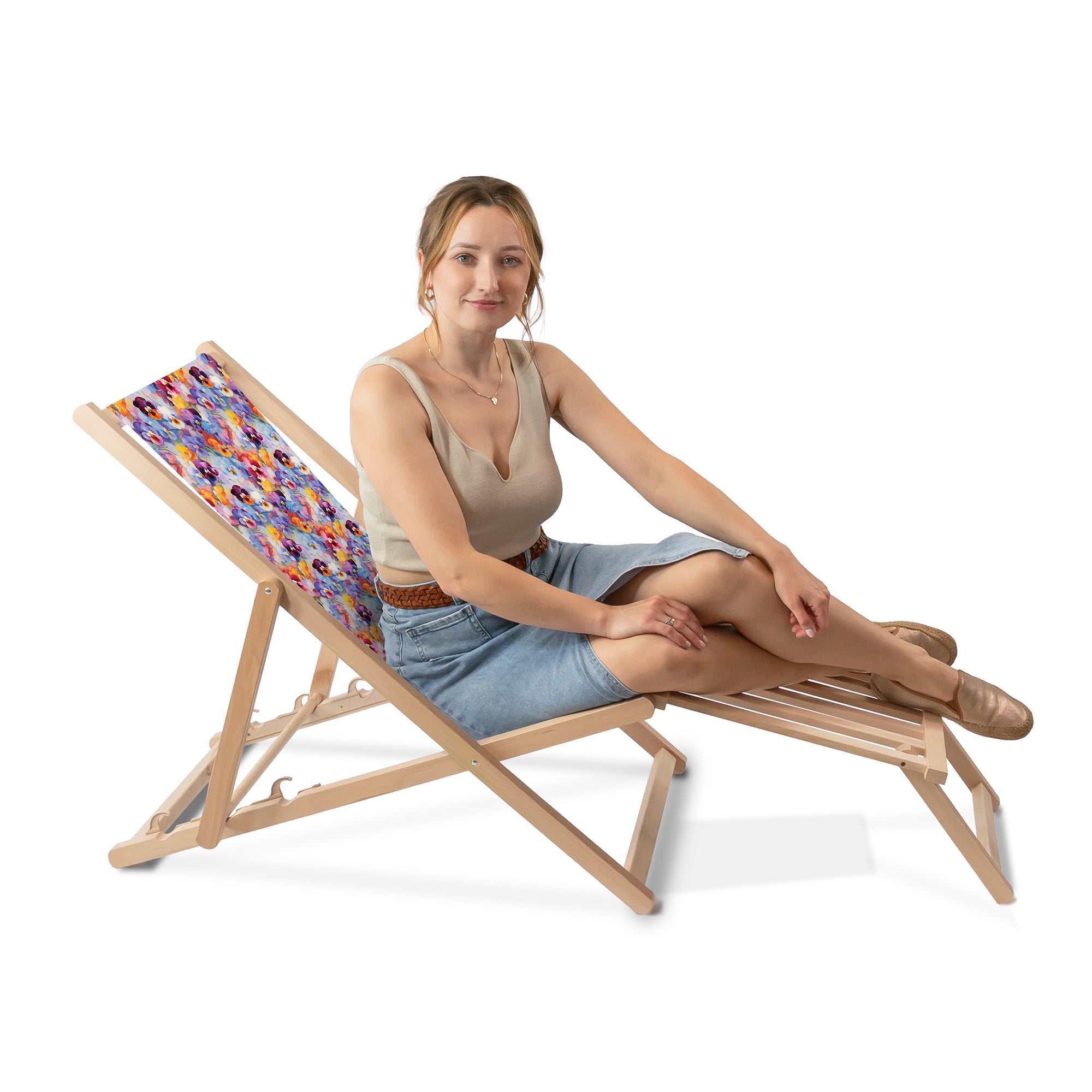 Leżak drewniany z podnóżkiem drewnianym Colorful Flowers Pattern