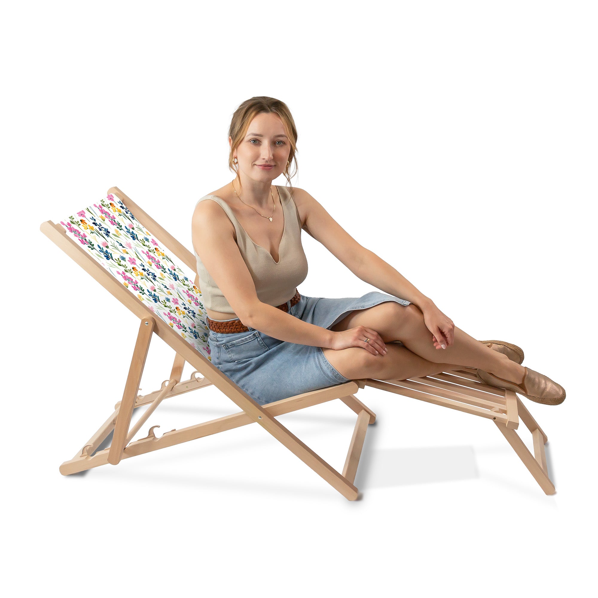 Leżak drewniany z podnóżkiem drewnianym Colorful Wildflower