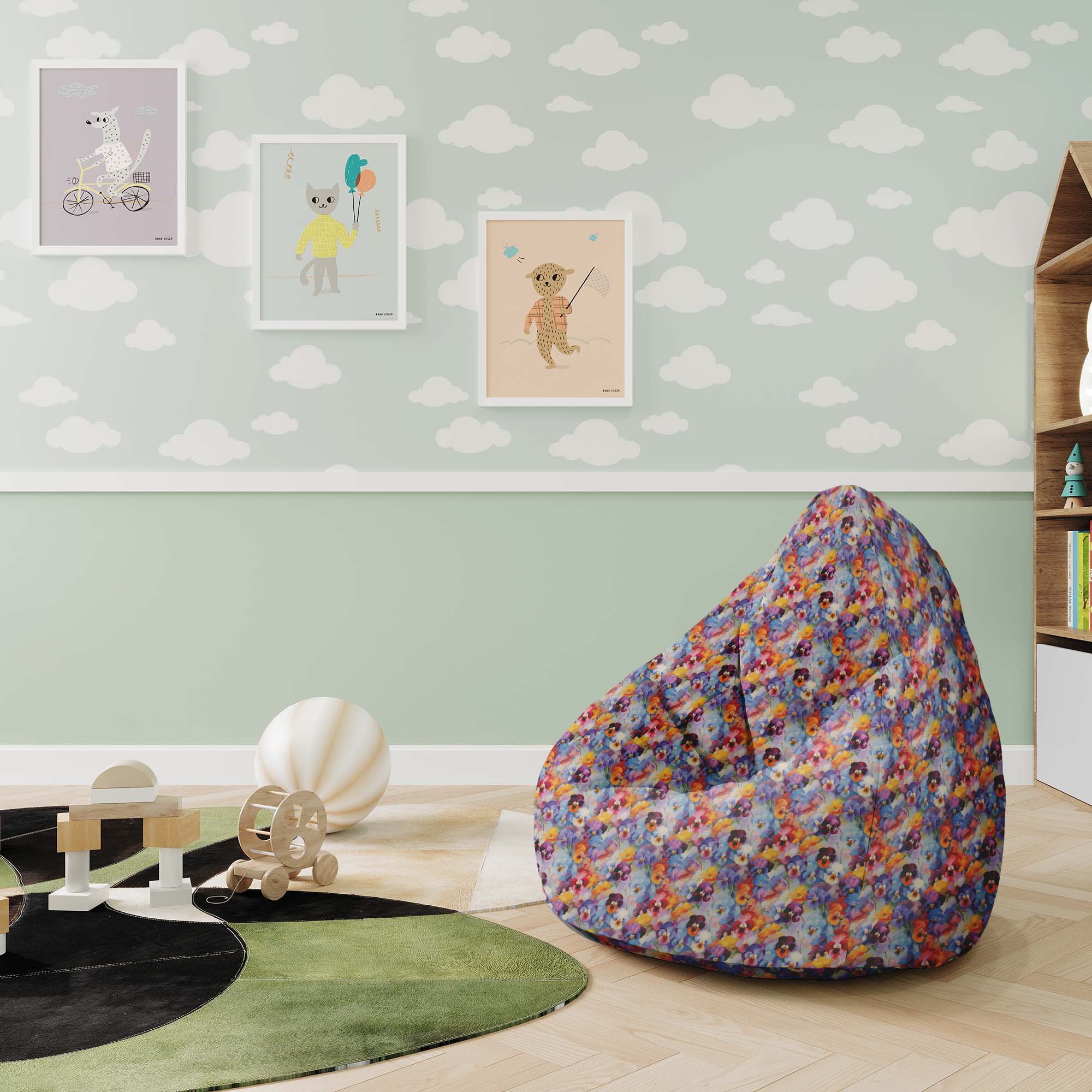 Puf Pearshape Colorful Flowers Pattern