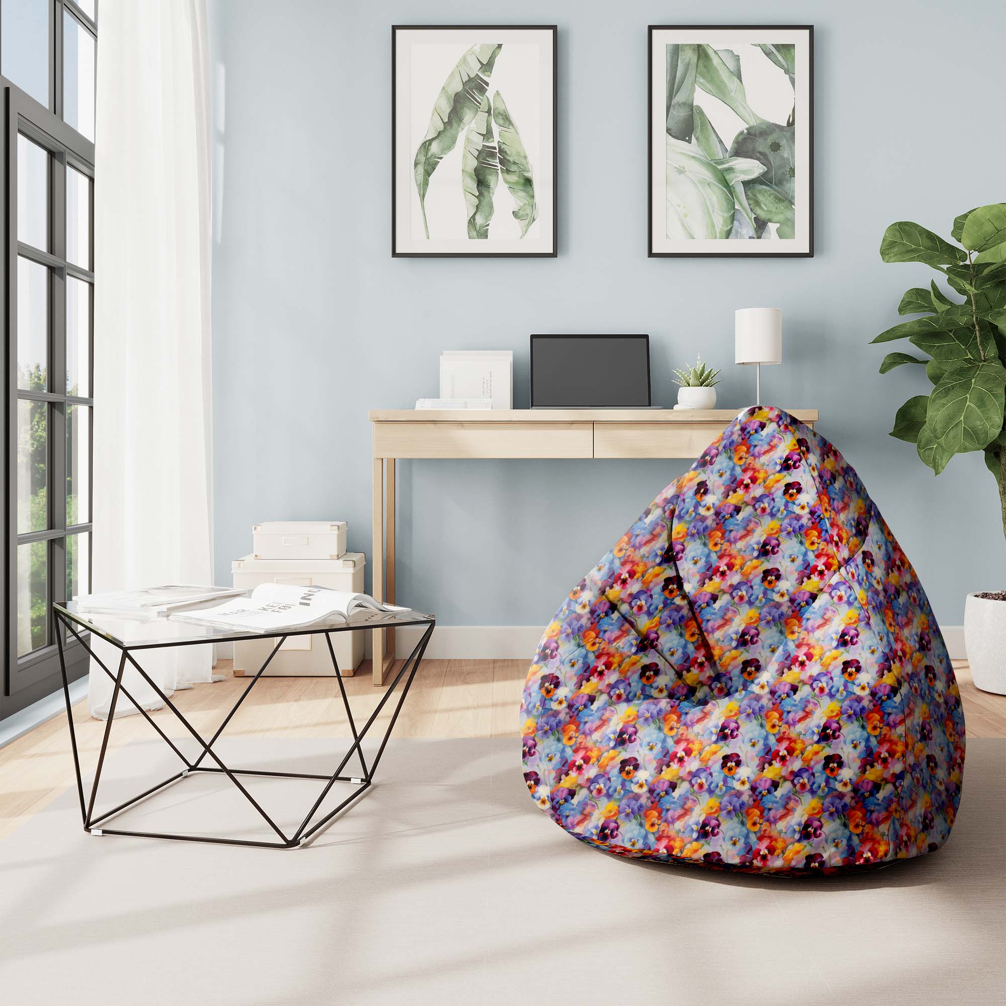 Puf Pearshape Colorful Flowers Pattern