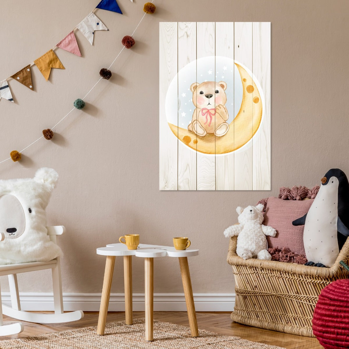 Obraz Wood Cute Bear Sitting Moon Watercolor-30x30 cm