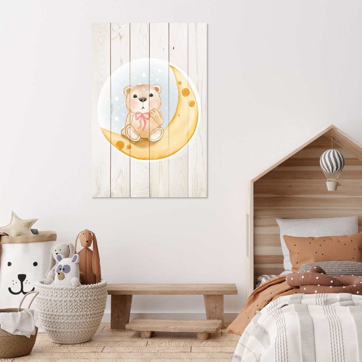 Obraz Wood Cute Bear Sitting Moon Watercolor-30x40 cm