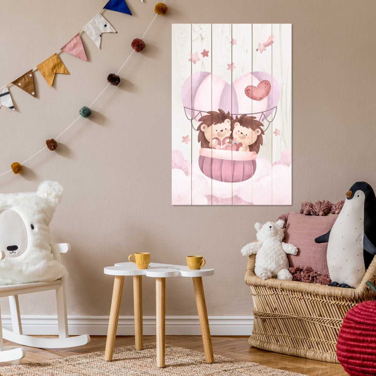 Wood Picture Cute Hedgehogs in the Clouds-30x40 cm
