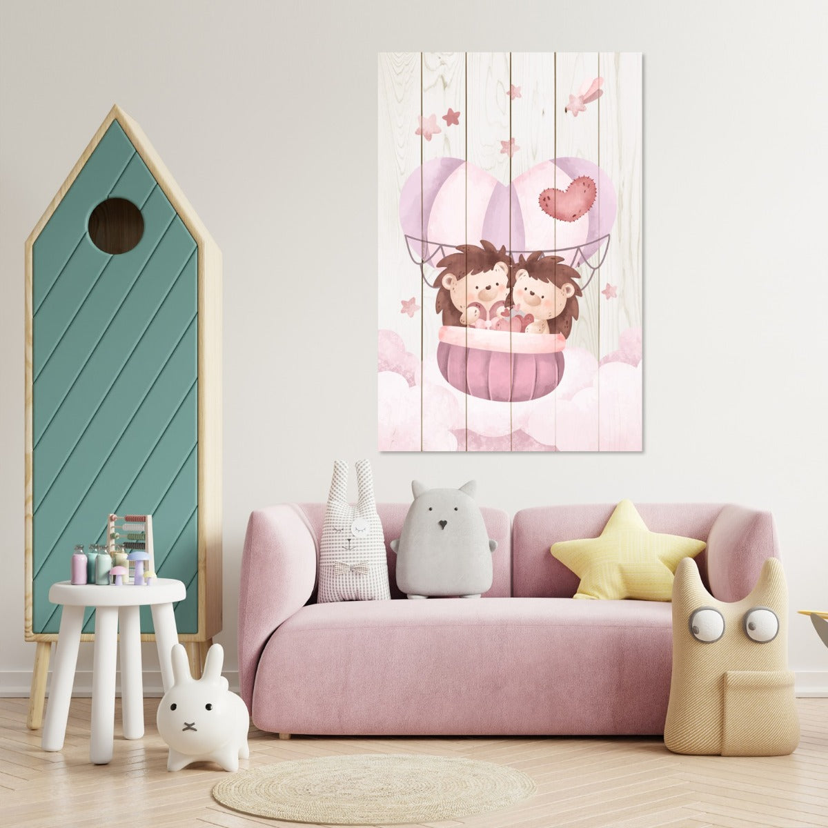 Wood Picture Cute Hedgehogs in the Clouds-60x90 cm