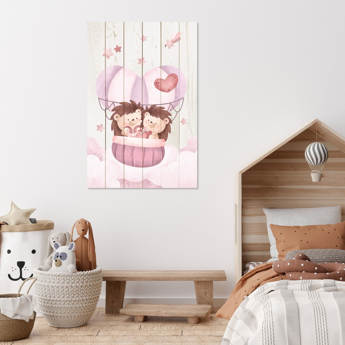 Wood Picture Cute Hedgehogs in the Clouds-40x60 cm