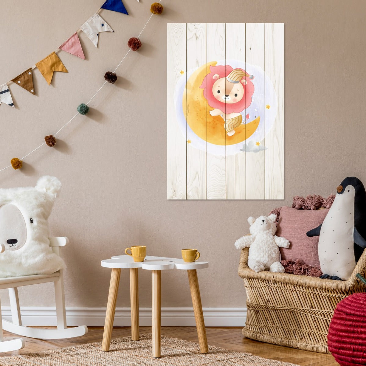 Bild Holz Niedlicher Löwe sitzt auf dem Mond-40x60 cm