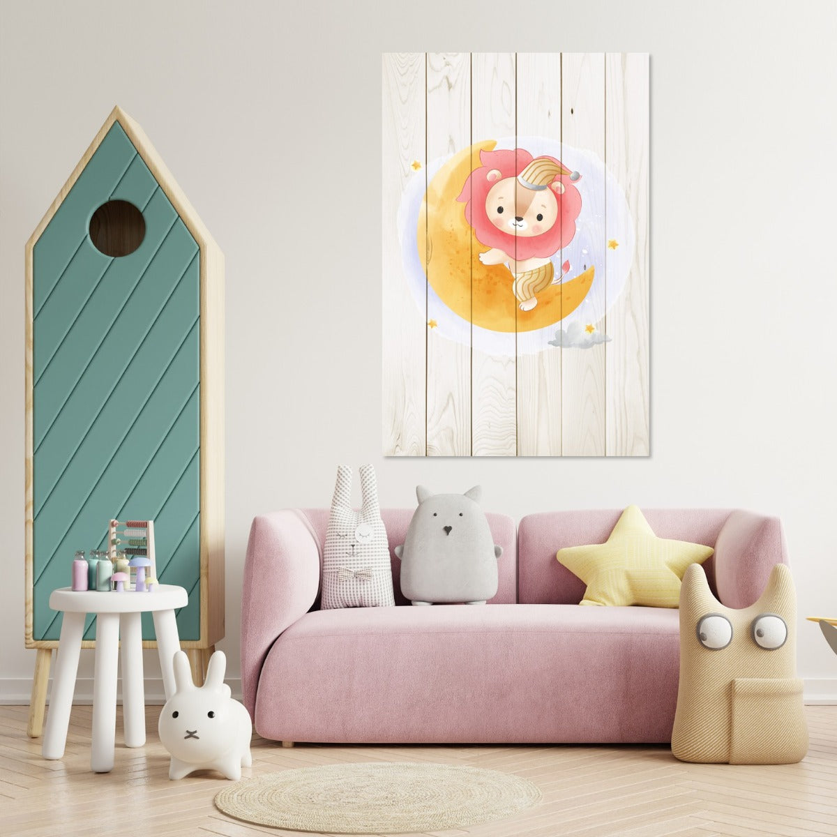 Bild Holz Niedlicher Löwe sitzt auf dem Mond-40x60 cm