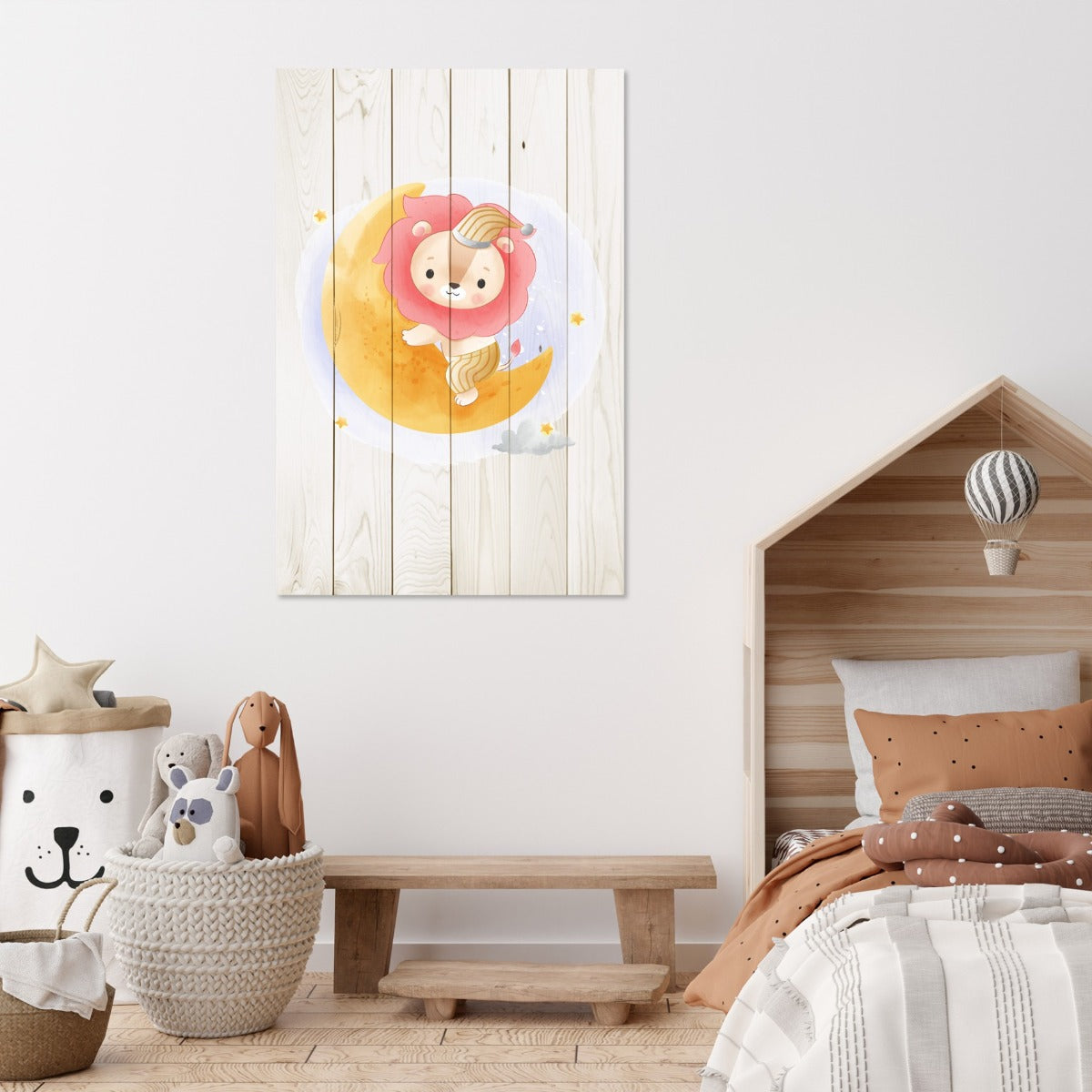 Obraz Wood Cute Lion Sitting Moon