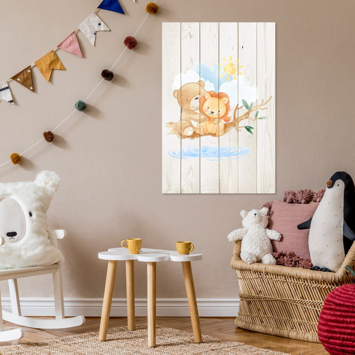 Bild Wood Niedlicher kleiner Löwe und Bär-60x90 cm