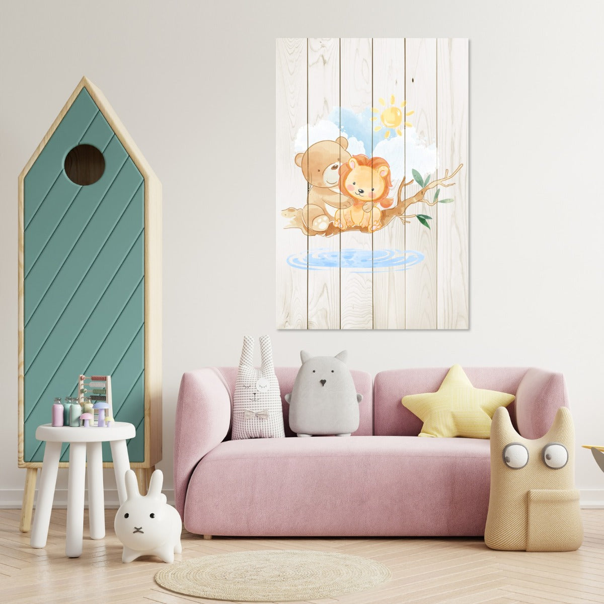 Bild Wood Niedlicher kleiner Löwe und Bär-60x90 cm