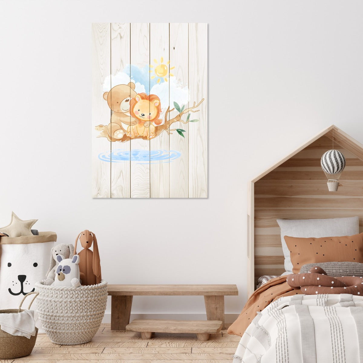 Bild Wood Niedlicher kleiner Löwe und Bär-30x40 cm