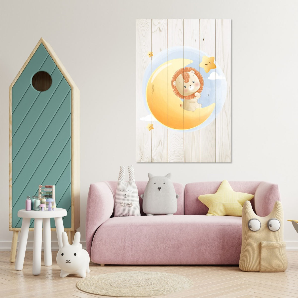 Obraz Wood Cute Little Lion Sitting on the Moon-30x40 cm