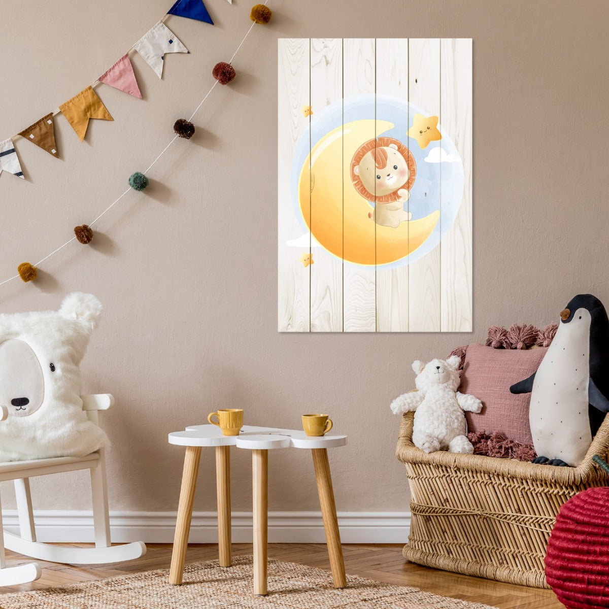 Obraz Wood Cute Little Lion Sitting on the Moon-30x40 cm