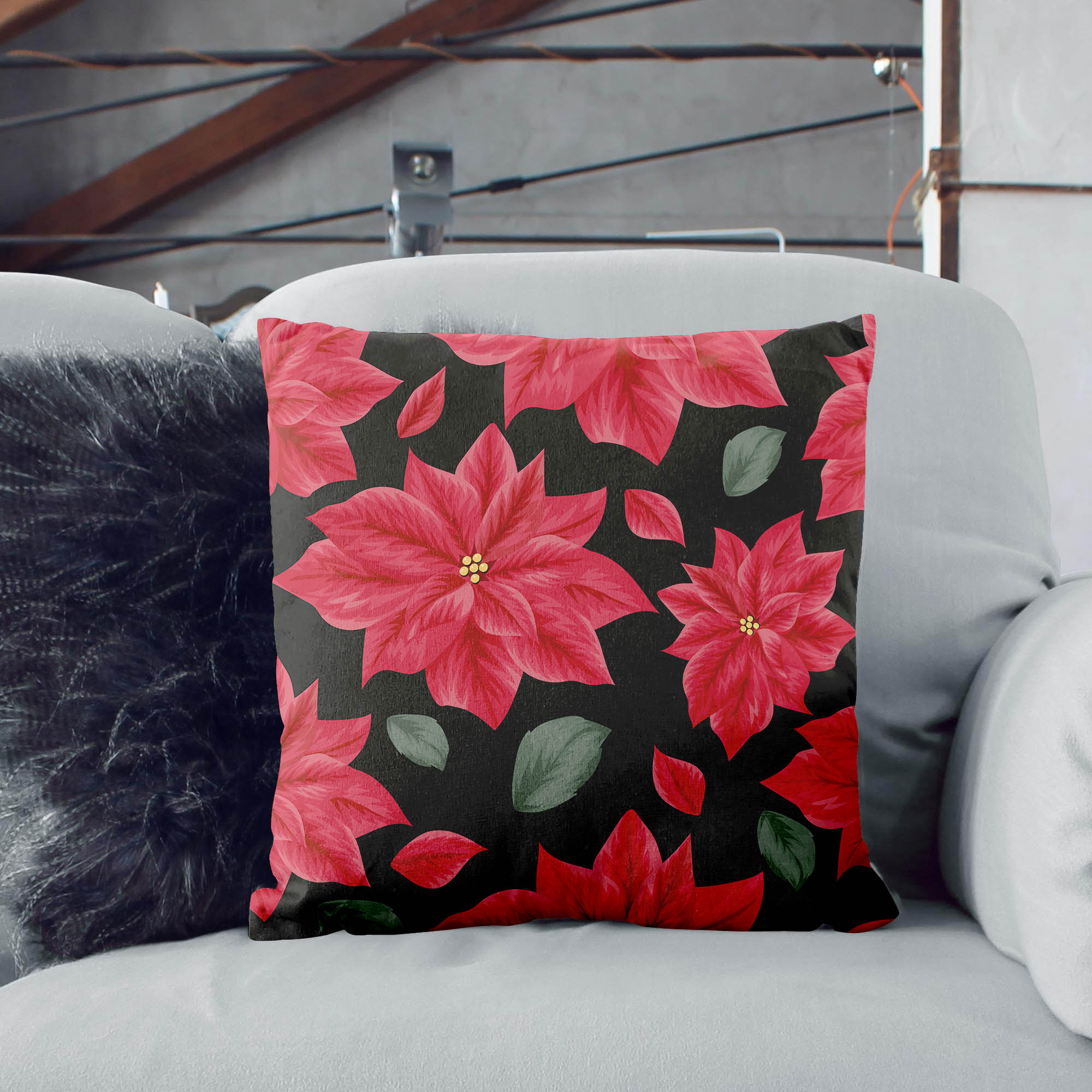 December and Poinsettia-Oxford Pillow
