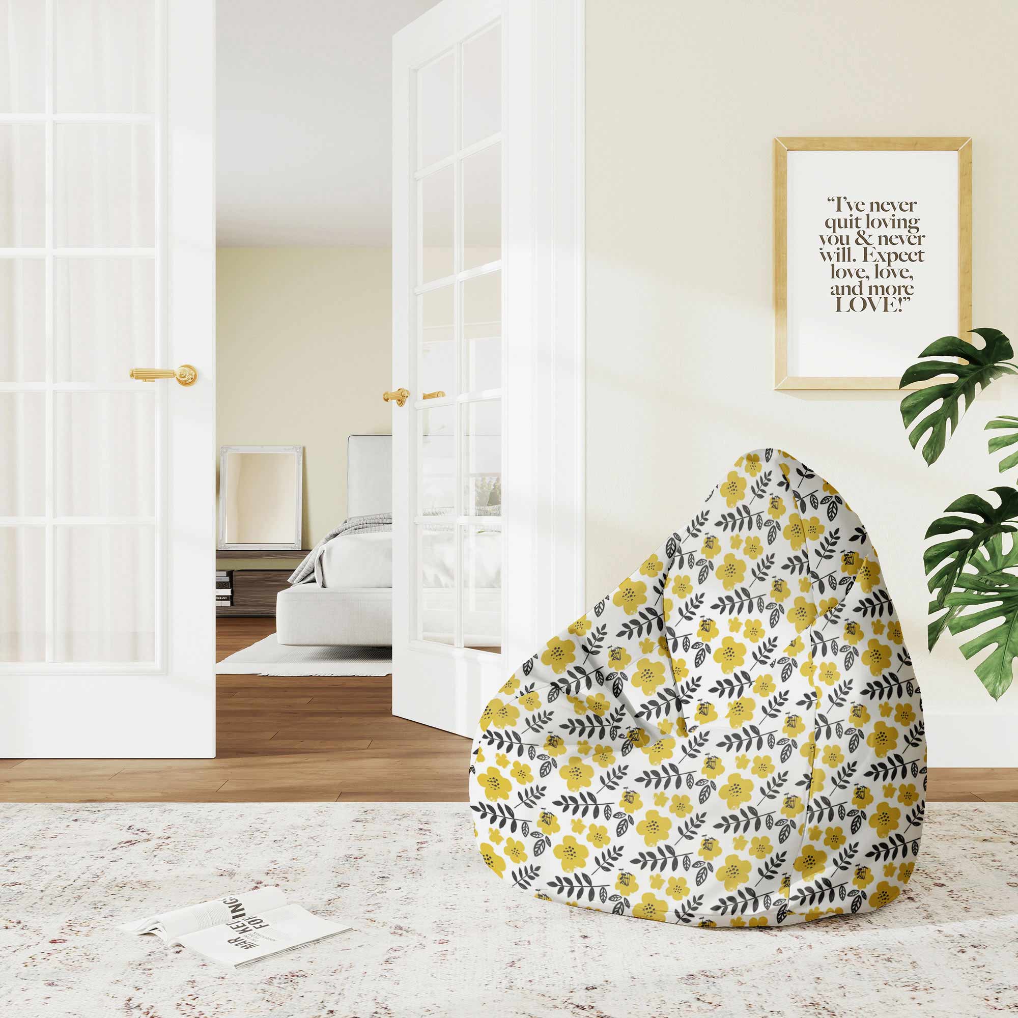 Puf Pearshape Painted Yellow Flowers-S-Velvet