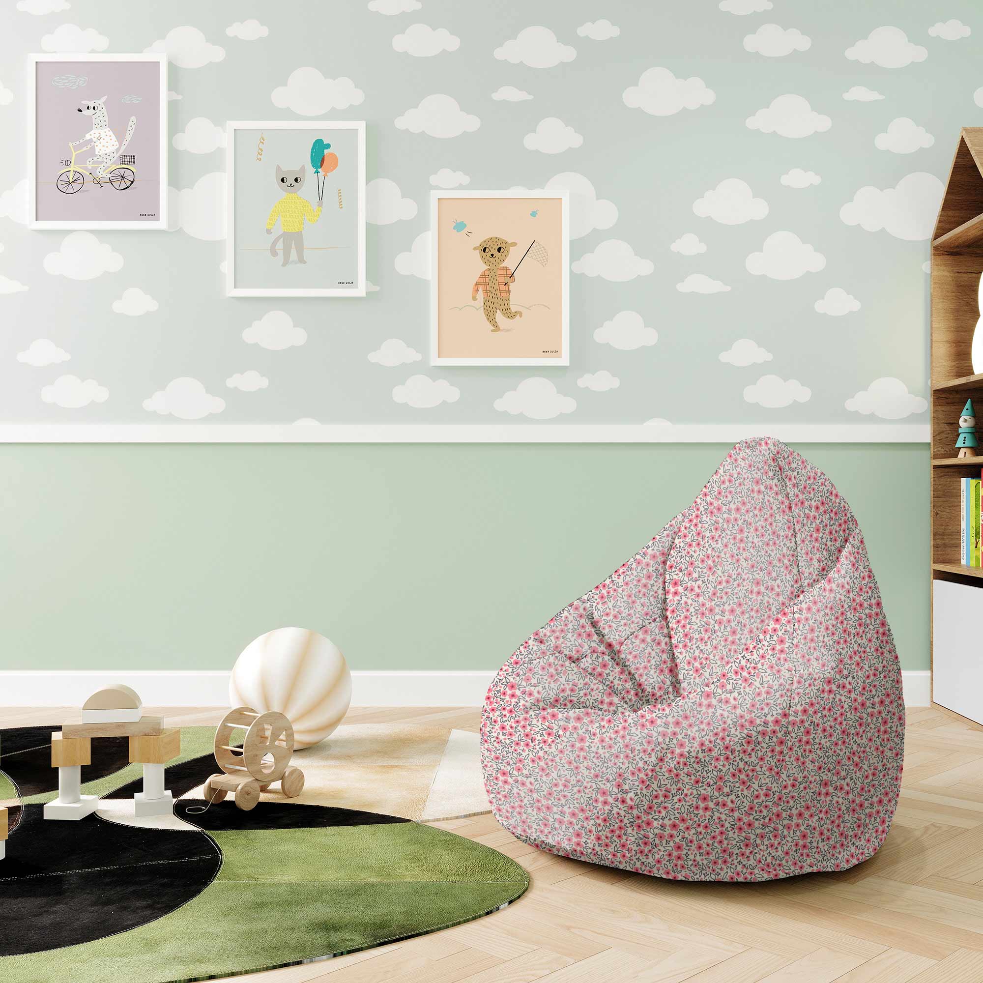 Puf Pearshape Small Pink Flowers-M-Velvet