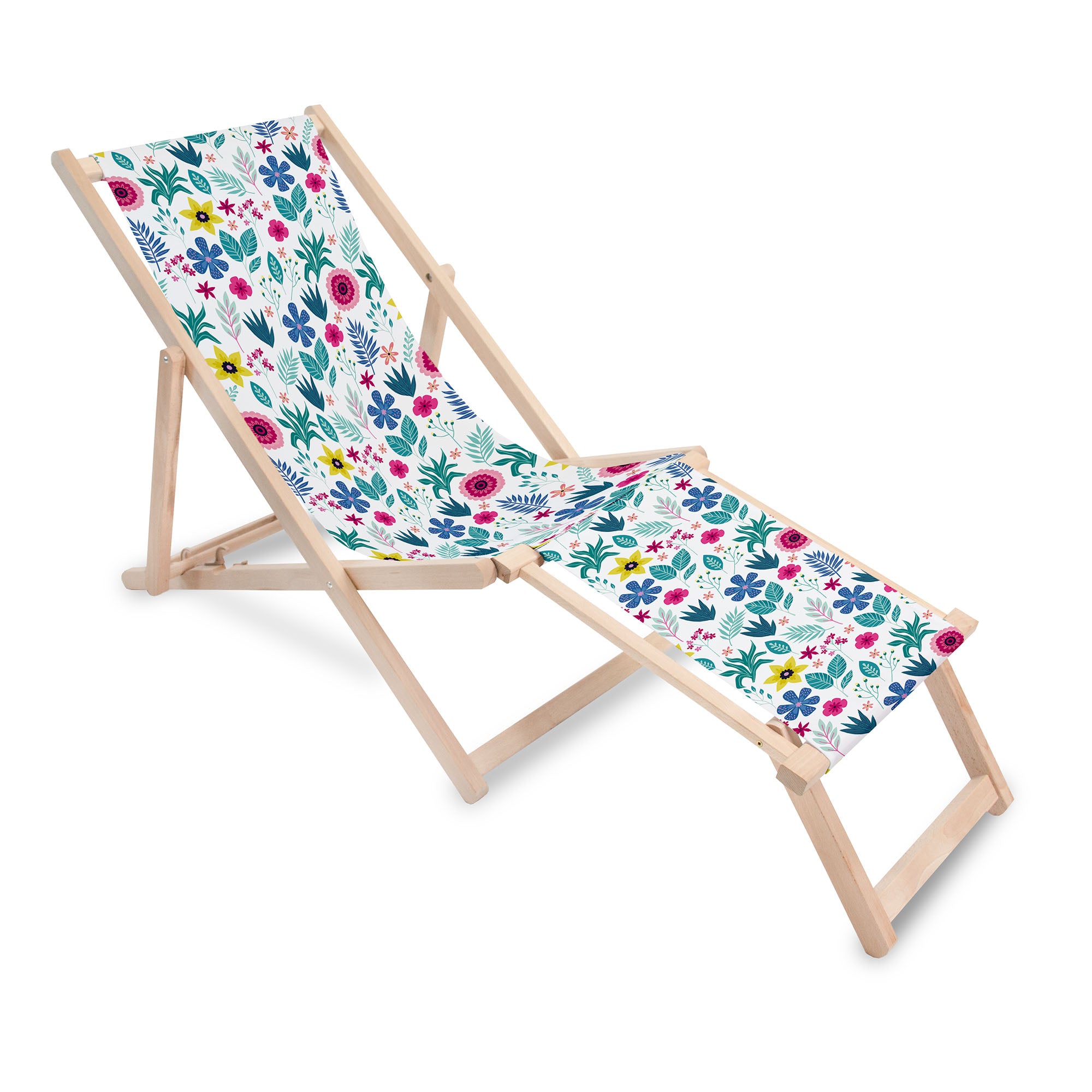 Wooden Deck Chair with Footrest Floral Elegance