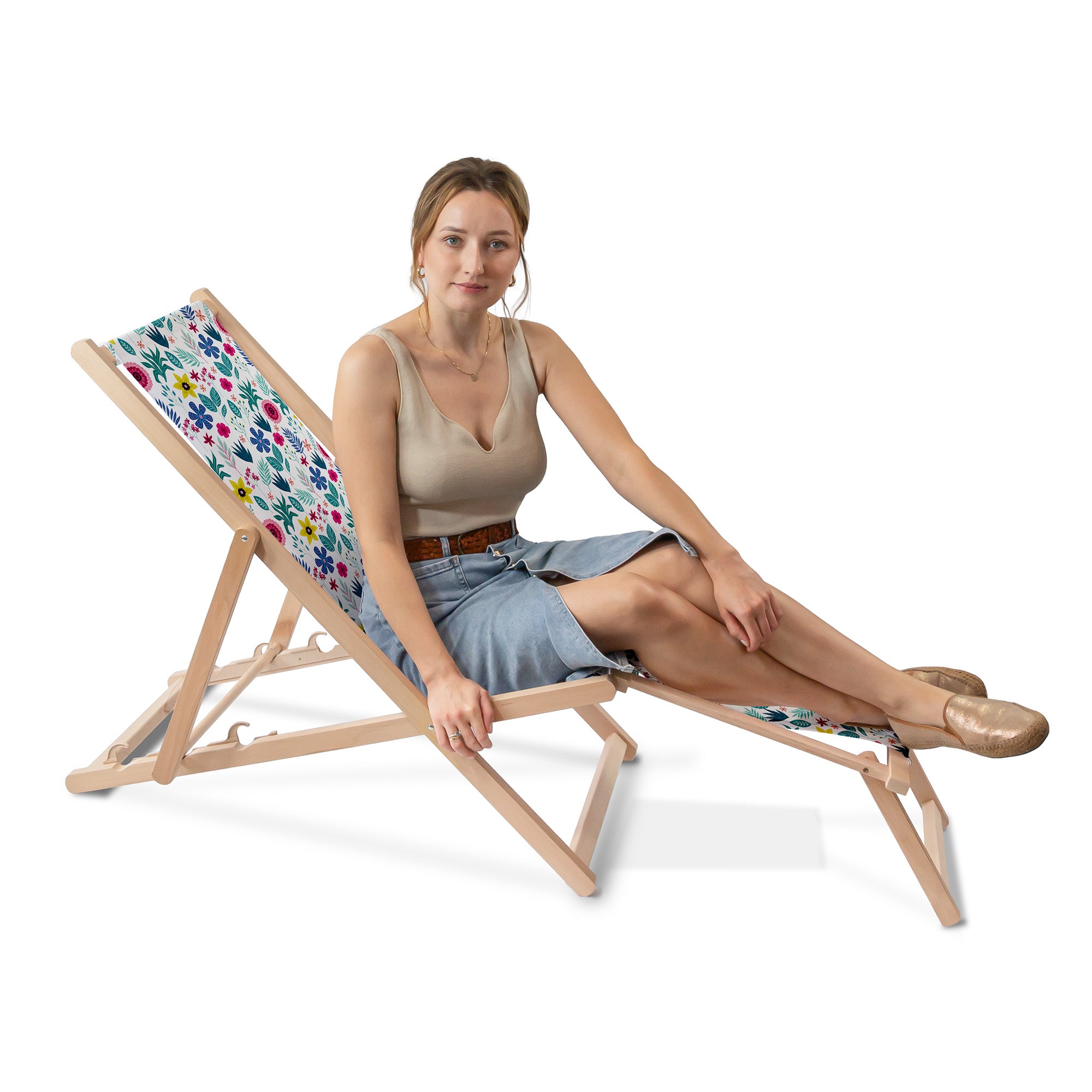 Wooden Deck Chair with Footrest Floral Elegance