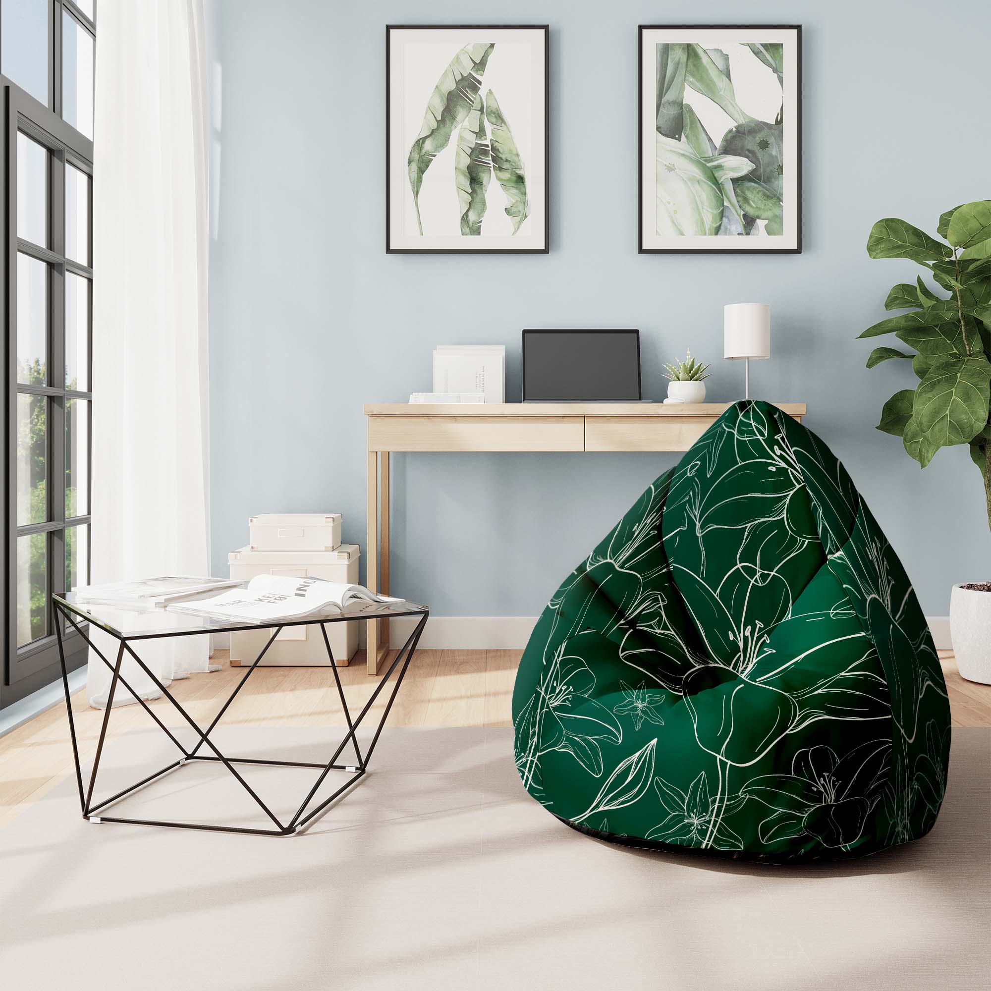 Puf Pearshape Green Flowers-Velvet