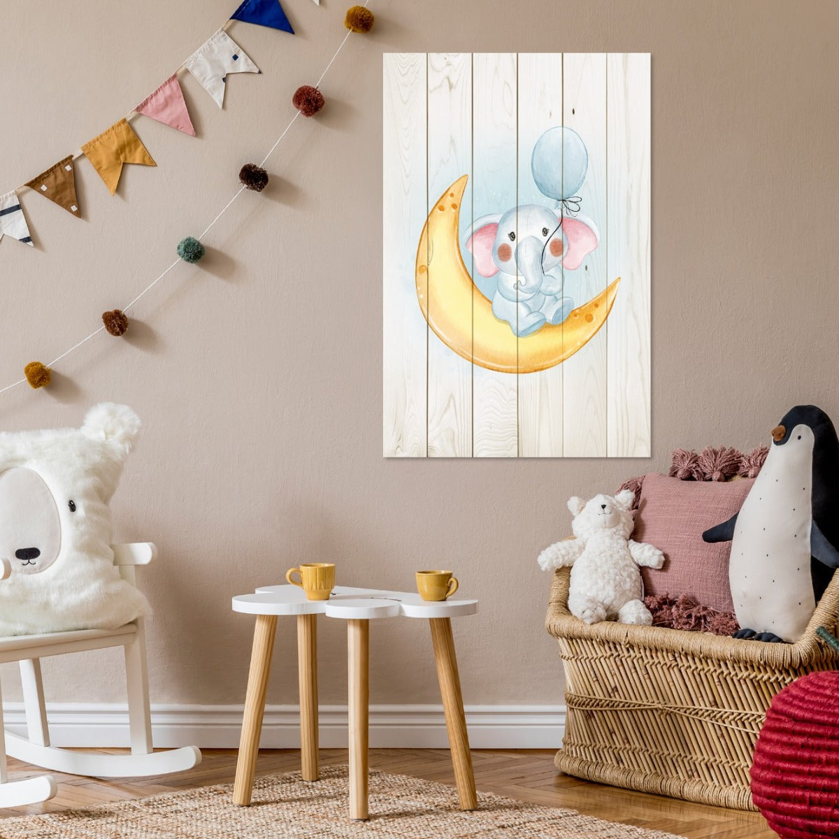 Obraz Wood Little Elephant Holding a Balloon-40x60 cm
