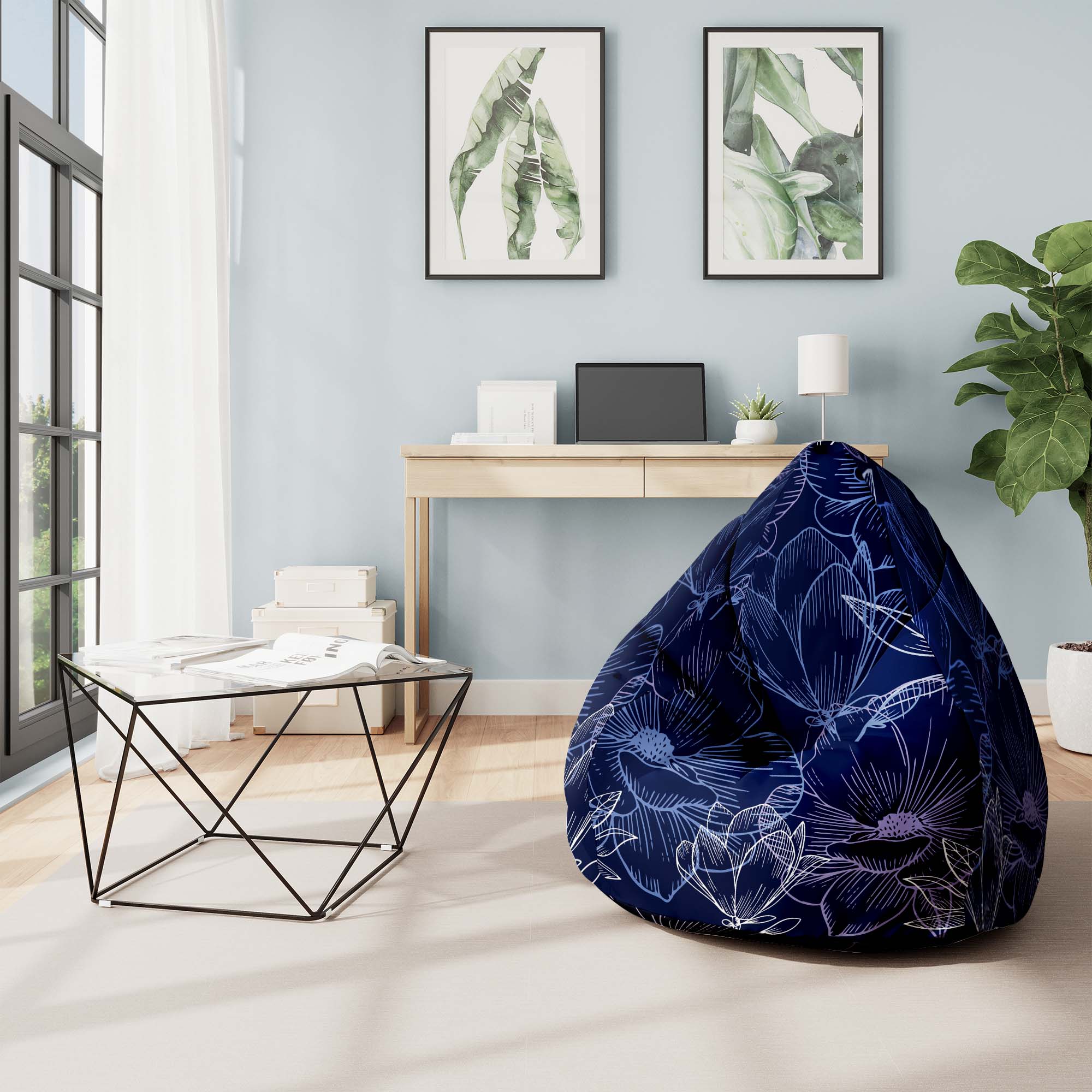 Puf Pearshape Navy Flowers-Velvet