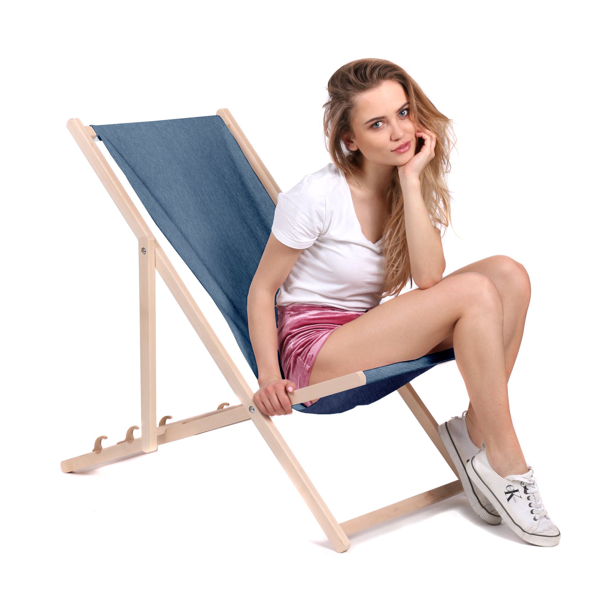 Wooden Deck Chair Denim Imitation Nordic Blue-M