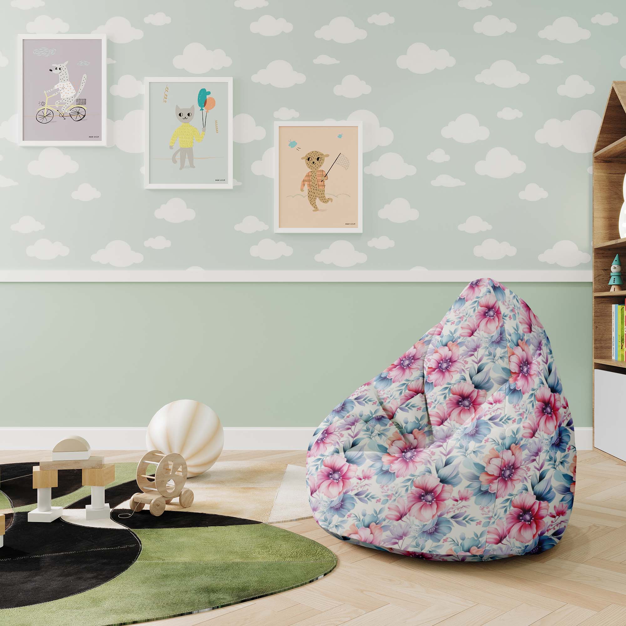 Pearshape Pouf Pastel Flowers-S-Oxford