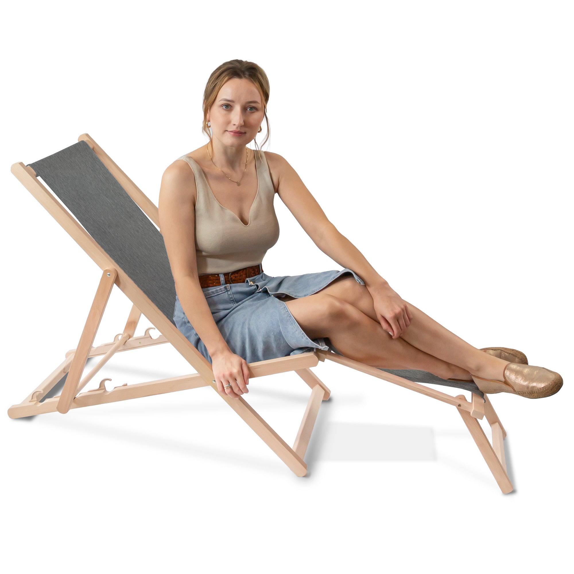 Holzliegestuhl mit Fußstütze Jeans-Imitat Sandy Dune