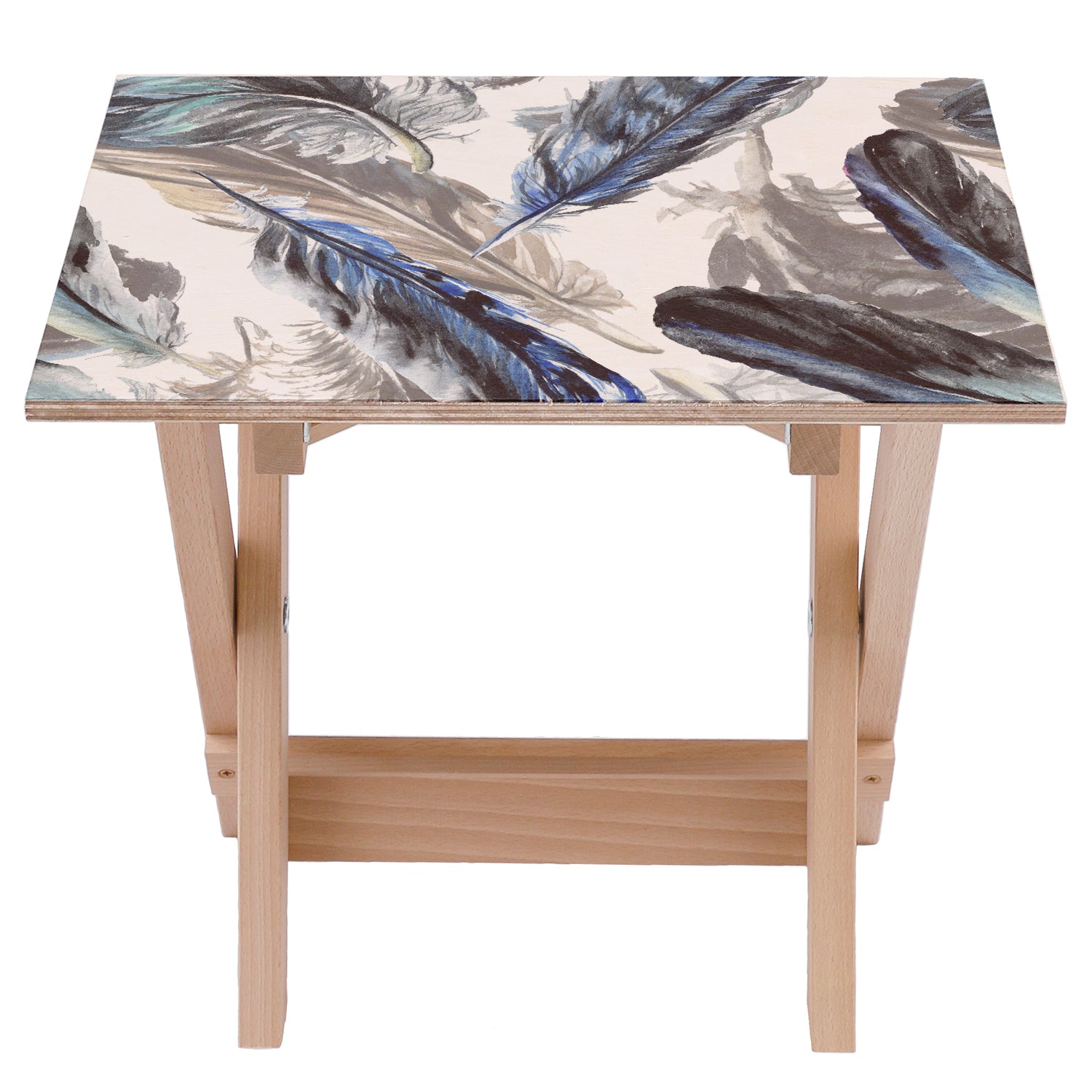 Stolik drewniany Painted Blue Feathers-50x50 CM